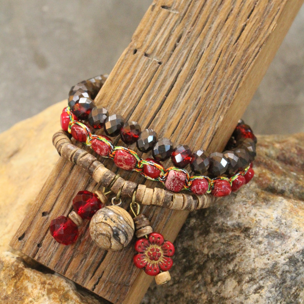Rich In Red Stone & Glass Sass Bracelet Set