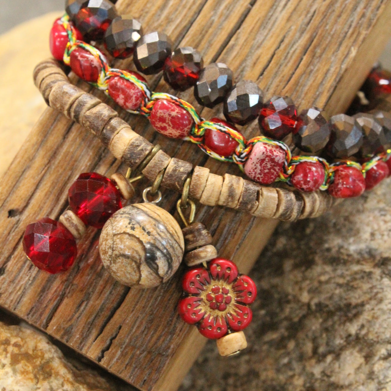 Rich In Red Stone & Glass Sass Bracelet Set