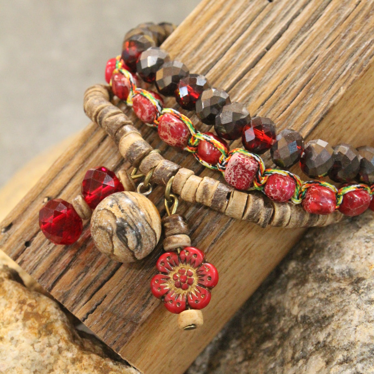 Rich In Red Stone & Glass Sass Bracelet Set