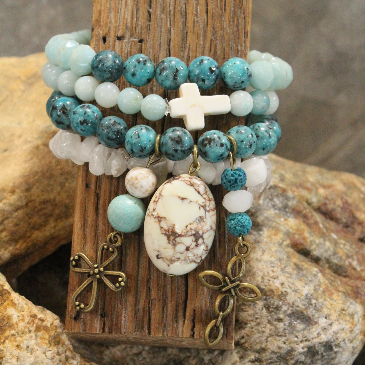 He Is My Rock Cross Charm Bracelet Set