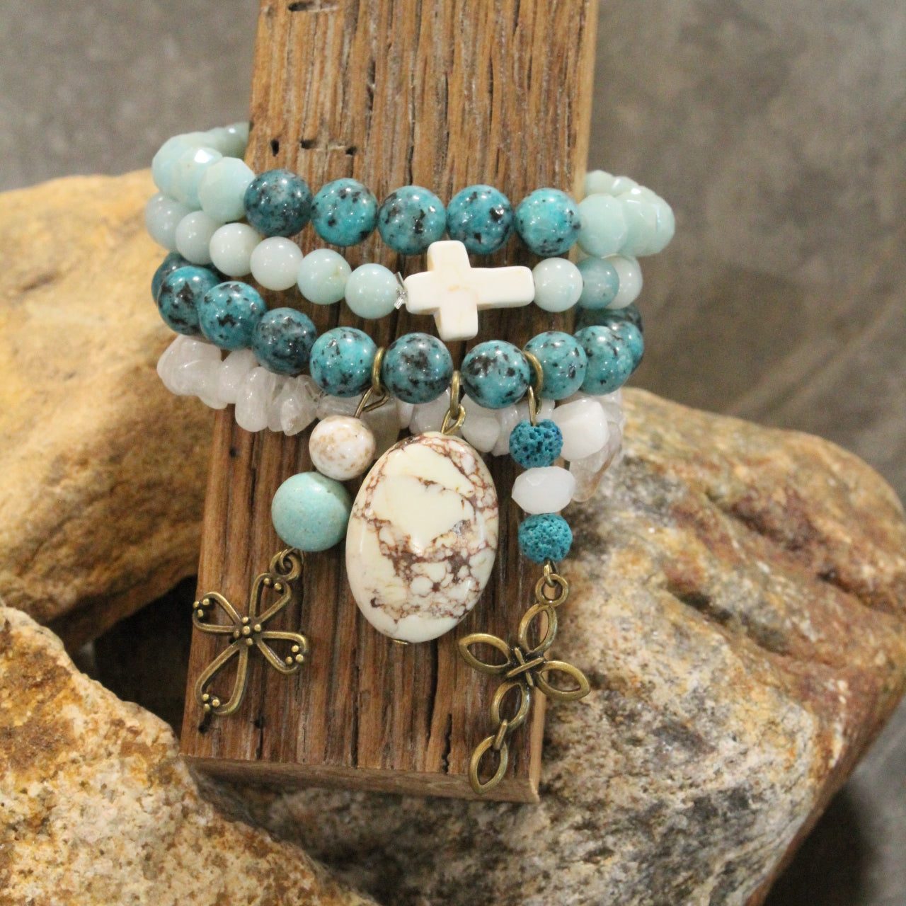 He Is My Rock Cross Charm Bracelet Set
