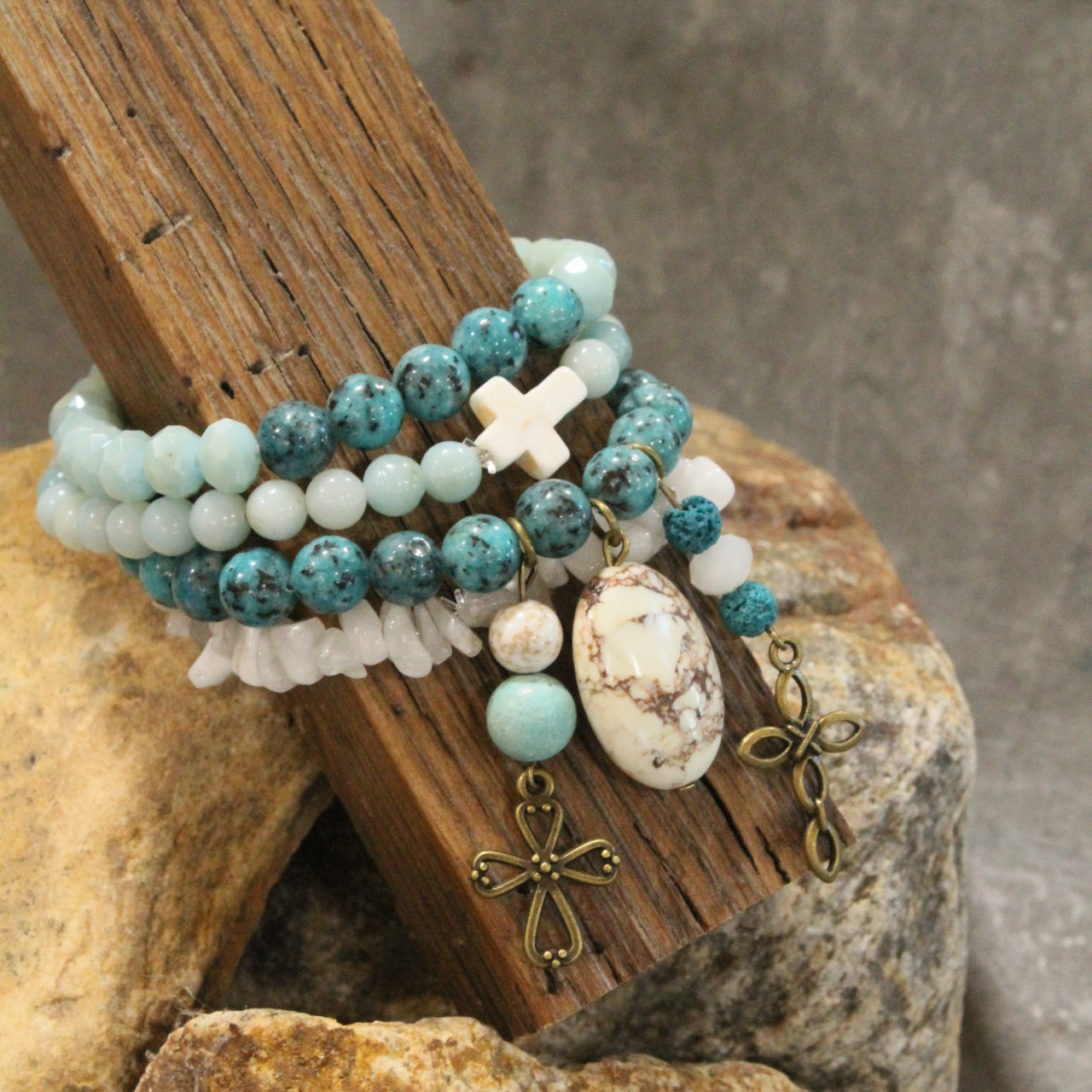 He Is My Rock Cross Charm Bracelet Set