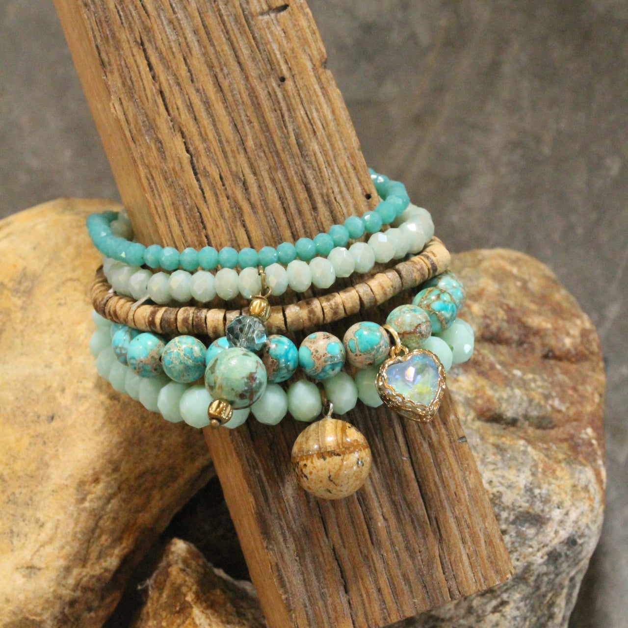 Rich Jade Stone Heart Bracelet Set
