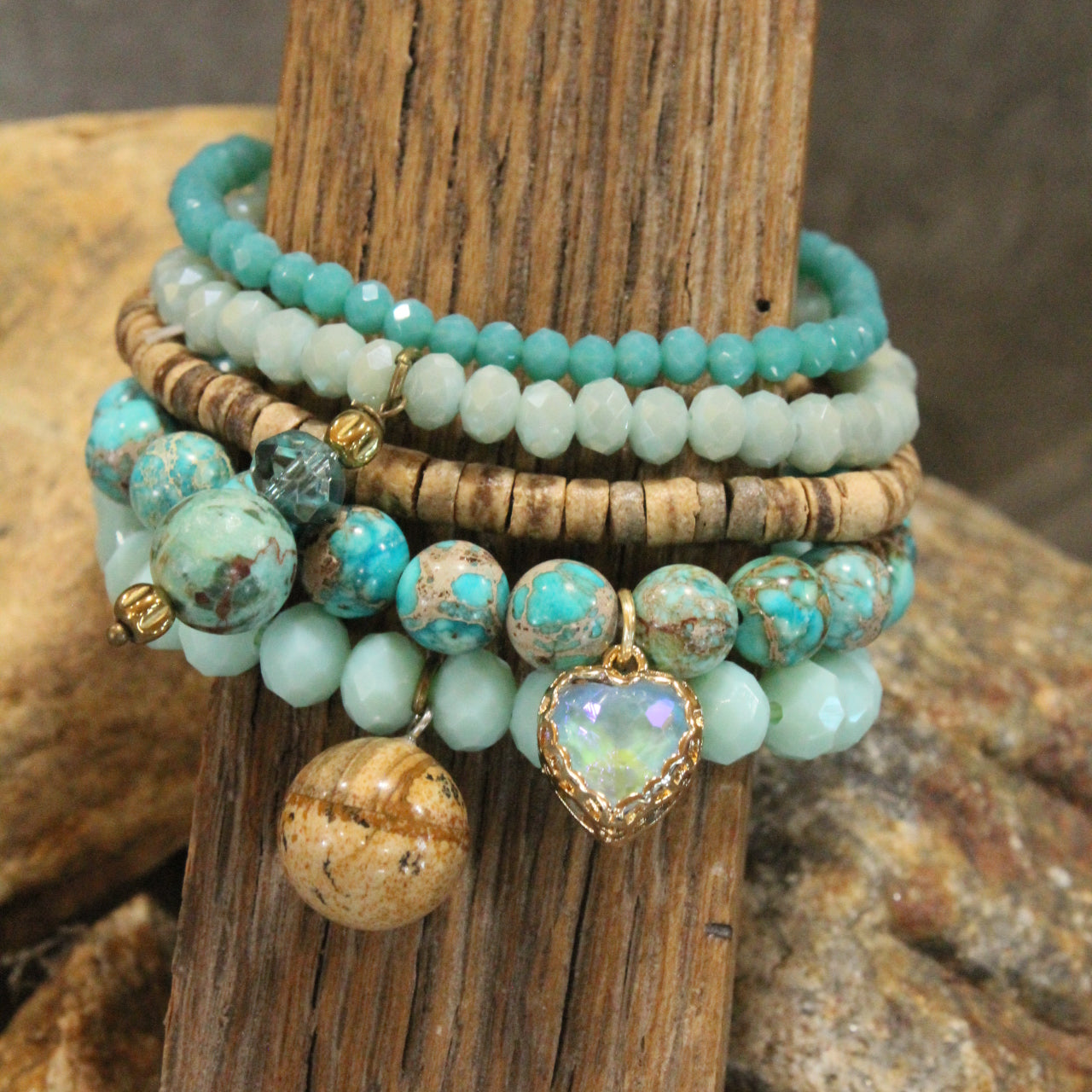 Rich Jade Stone Heart Bracelet Set