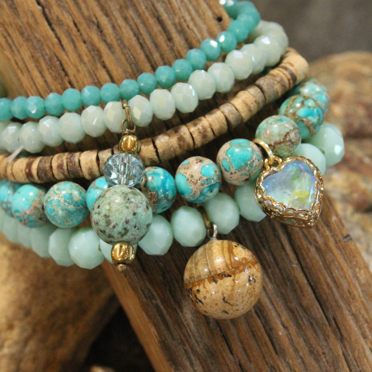 Rich Jade Stone Heart Bracelet Set