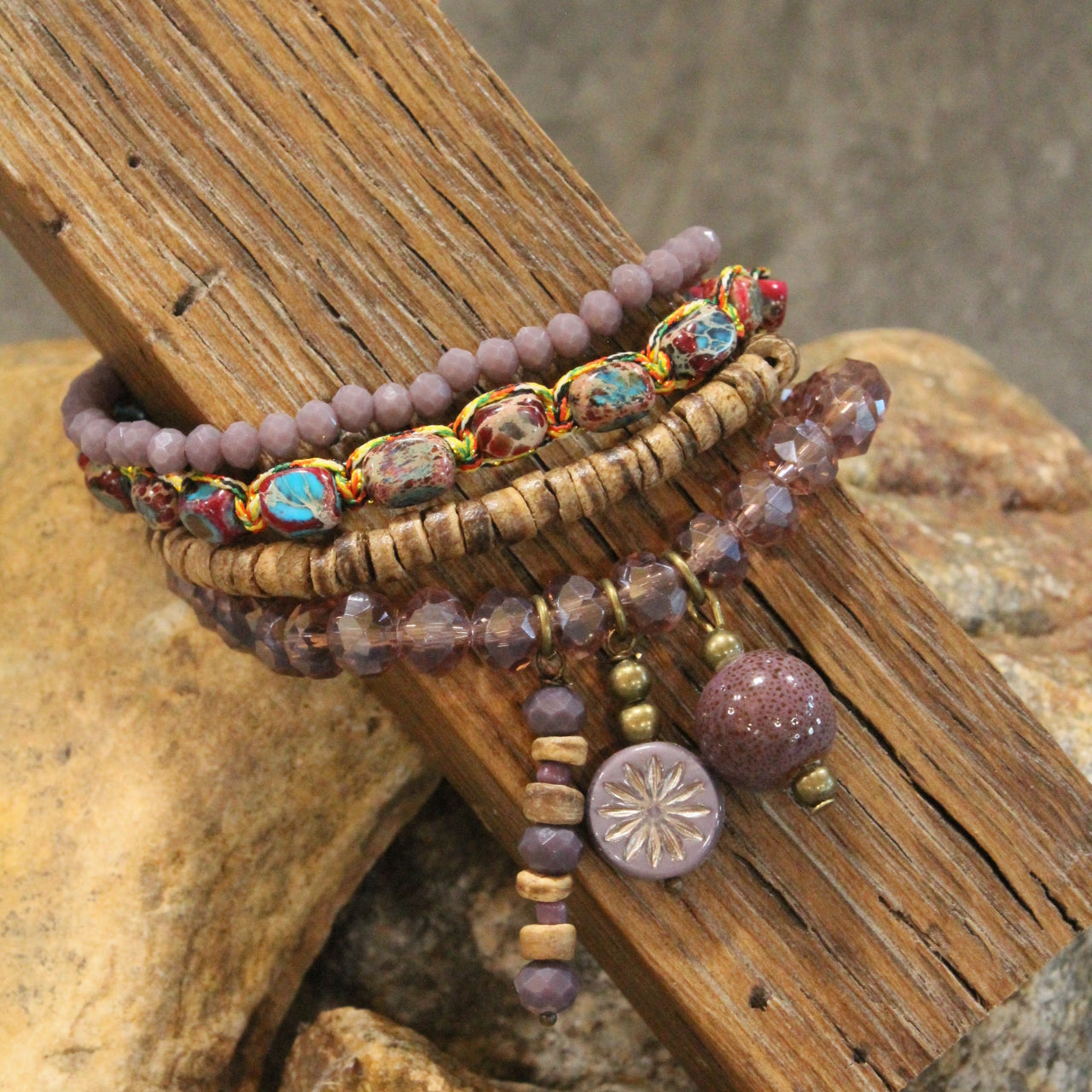 Lavender Stone & Czech Charm Bracelet Set