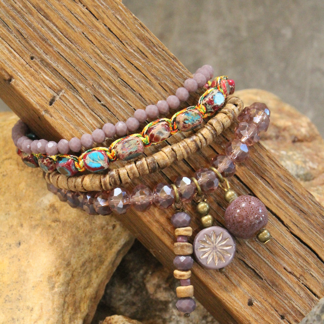 Lavender Stone & Czech Charm Bracelet Set