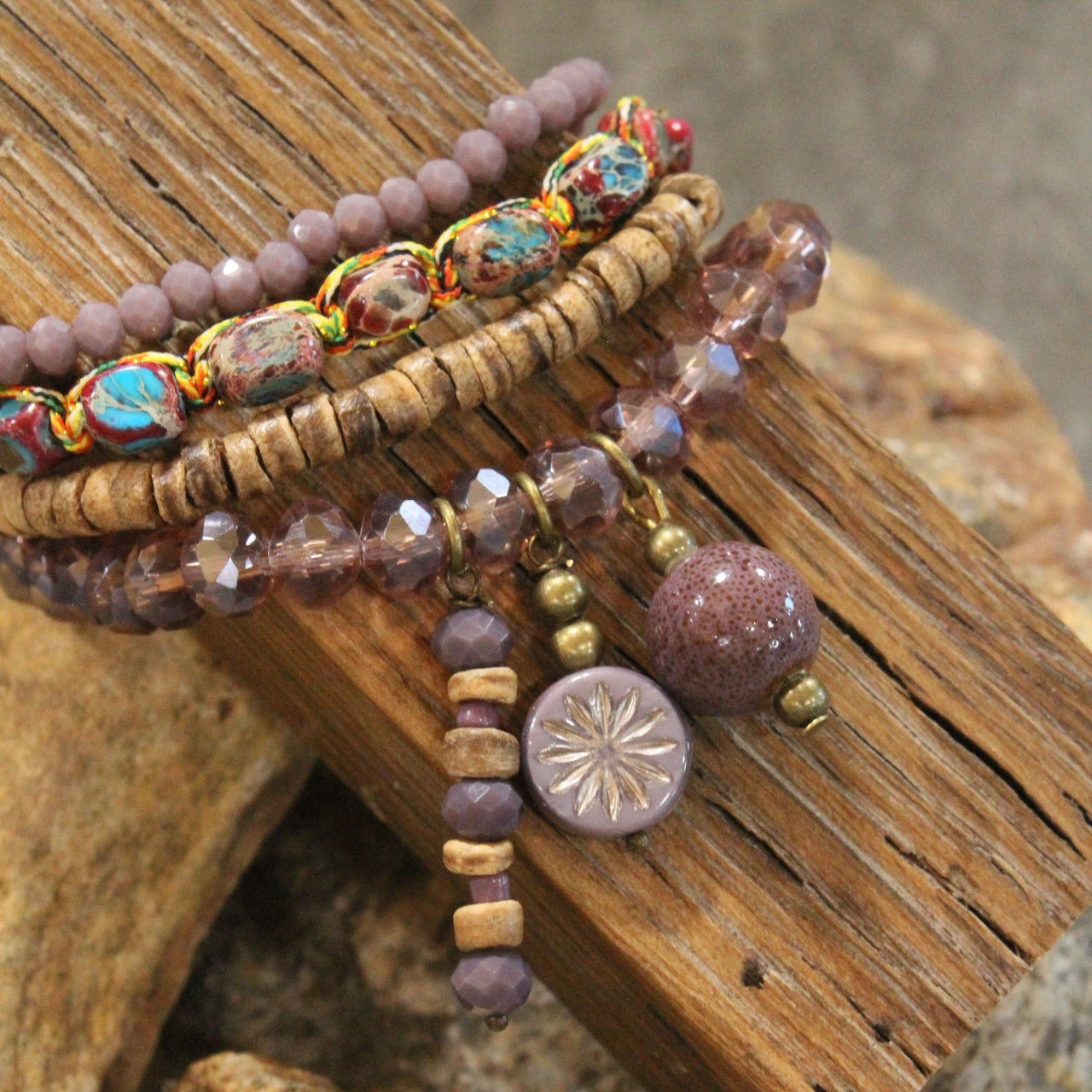 Lavender Stone & Czech Charm Bracelet Set