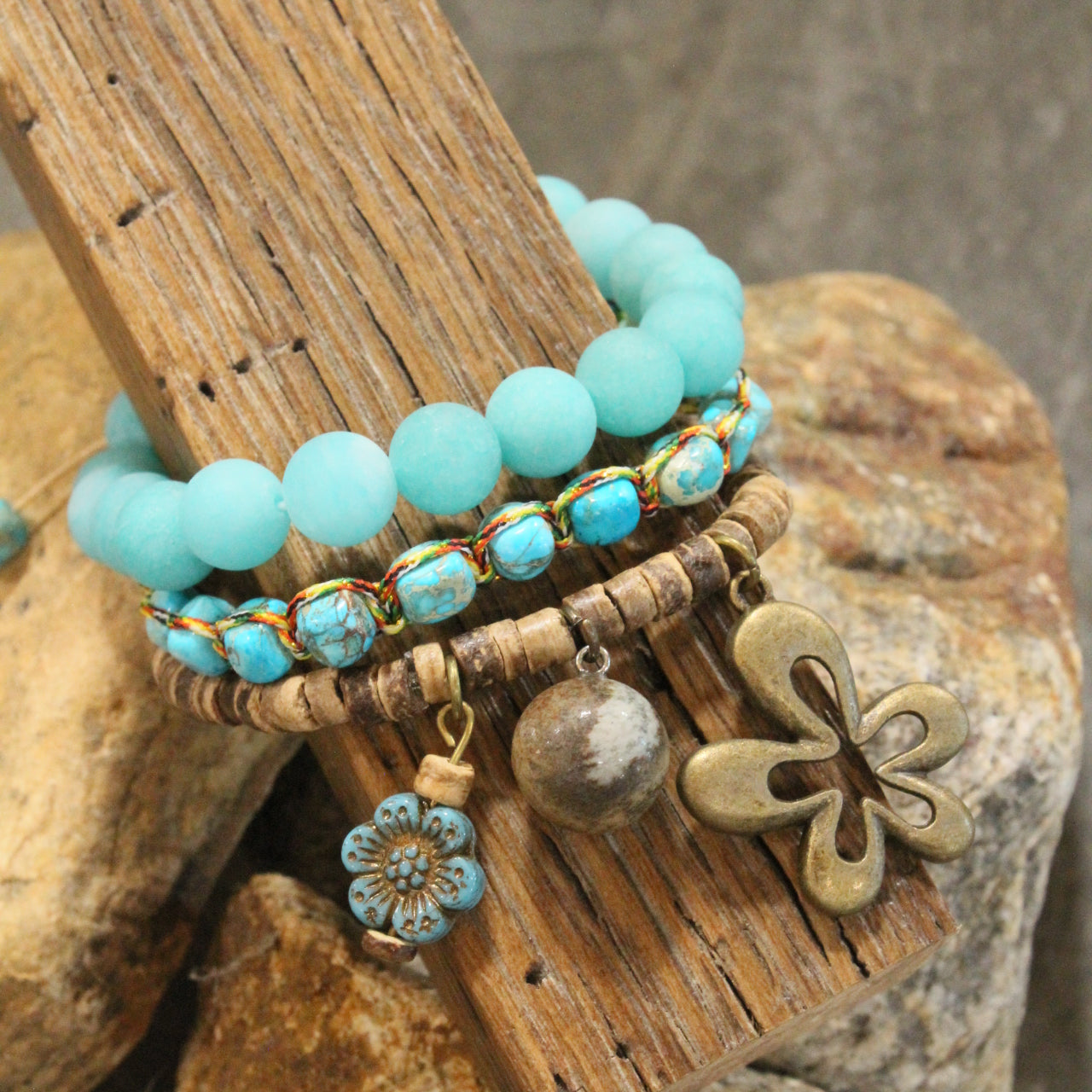 Turquoise Stone & Czech Flower Charm Bracelet Set