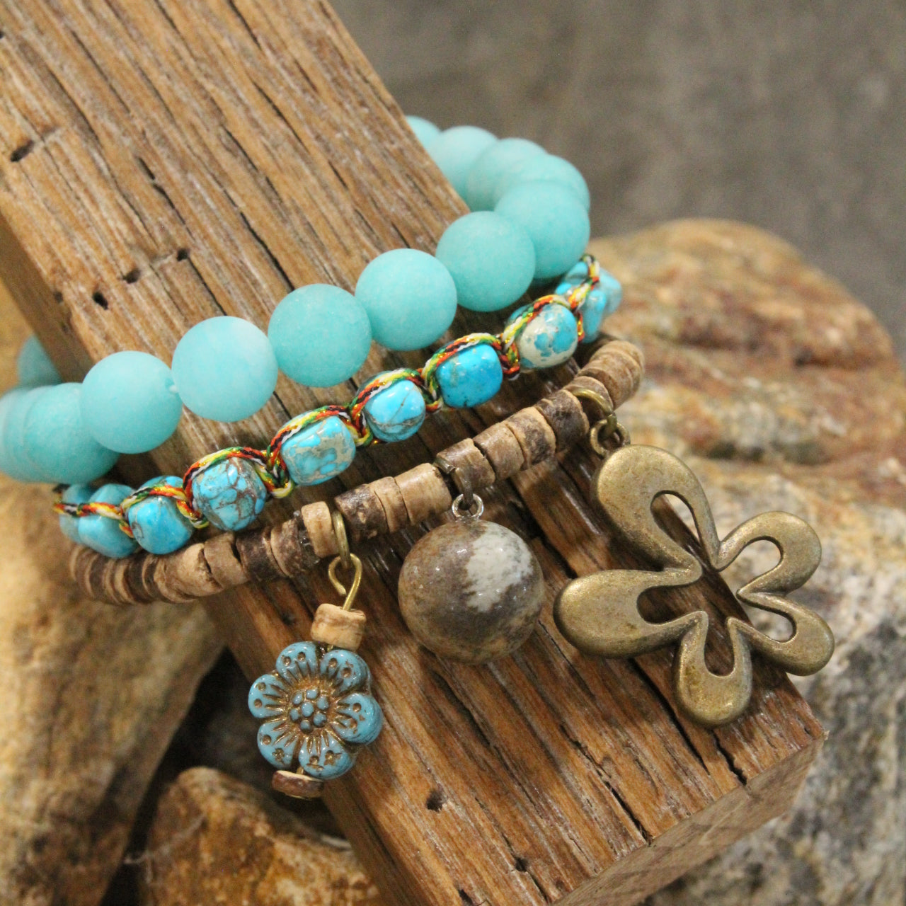Turquoise Stone & Czech Flower Charm Bracelet Set