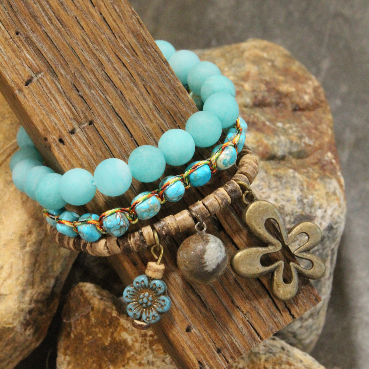 Turquoise Stone & Czech Flower Charm Bracelet Set