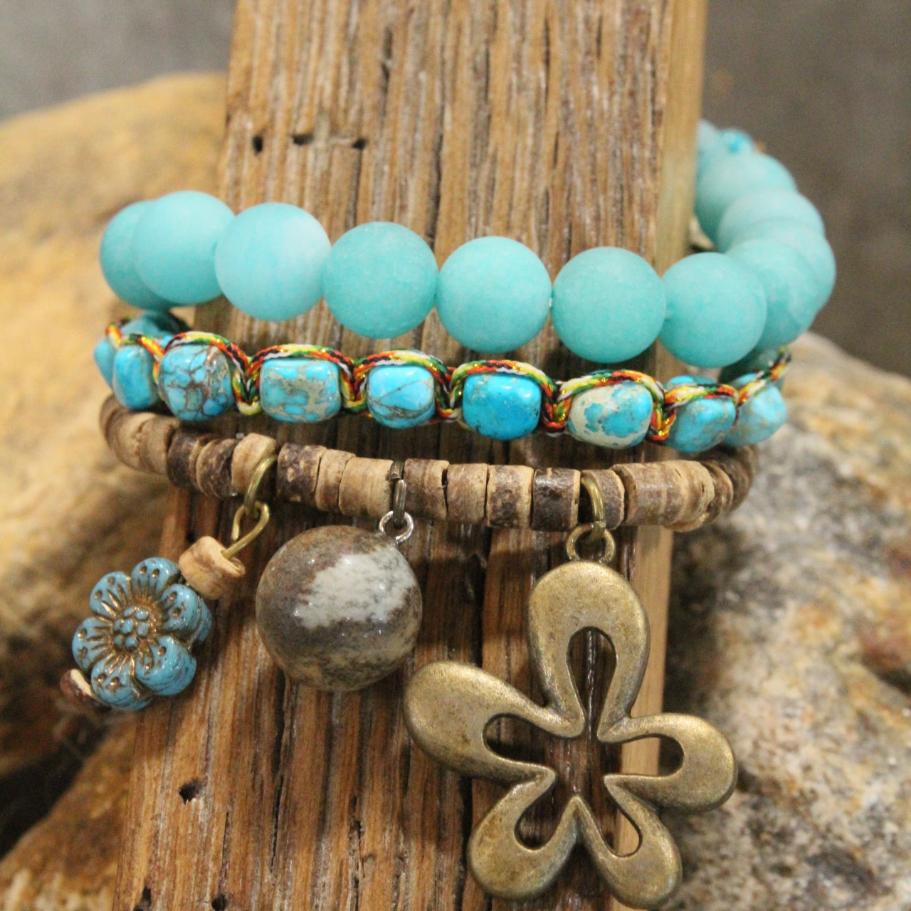 Turquoise Stone & Czech Flower Charm Bracelet Set