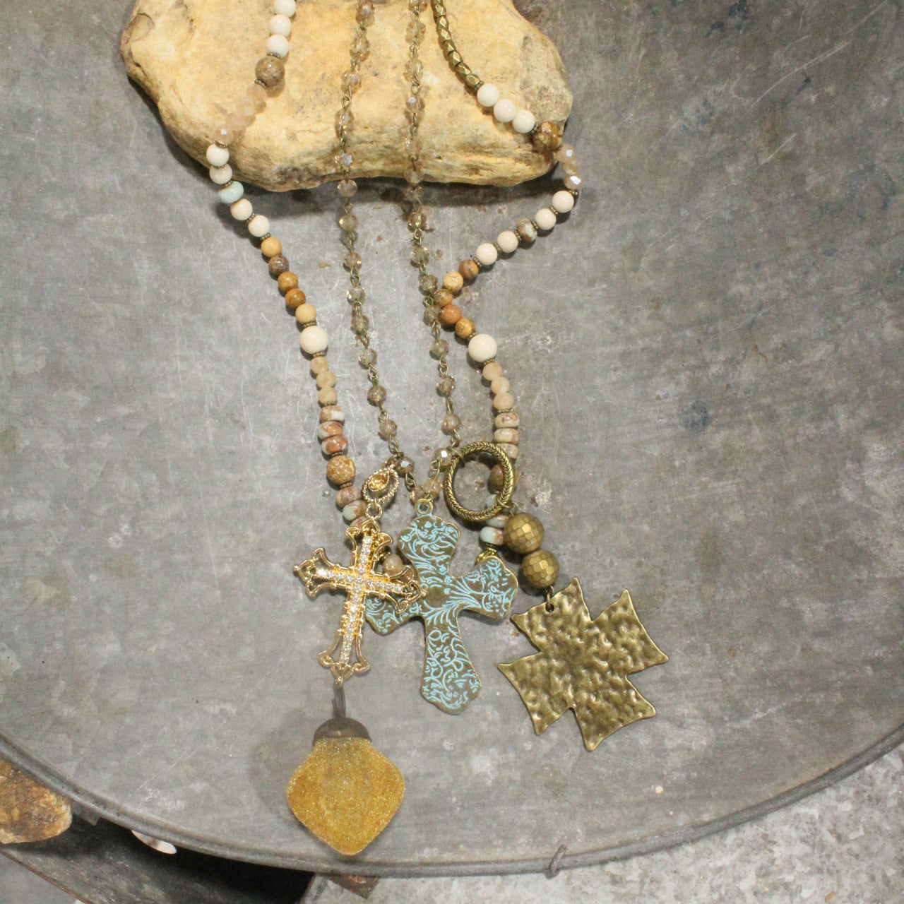 Forgiven Charm'd Golden Stone Cross Necklace