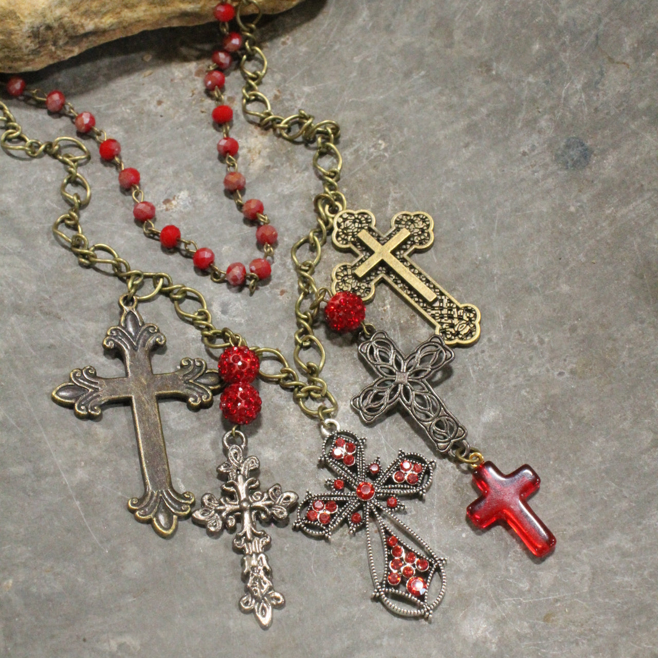 Forgiven Charm'd Red Stone Cross Necklace