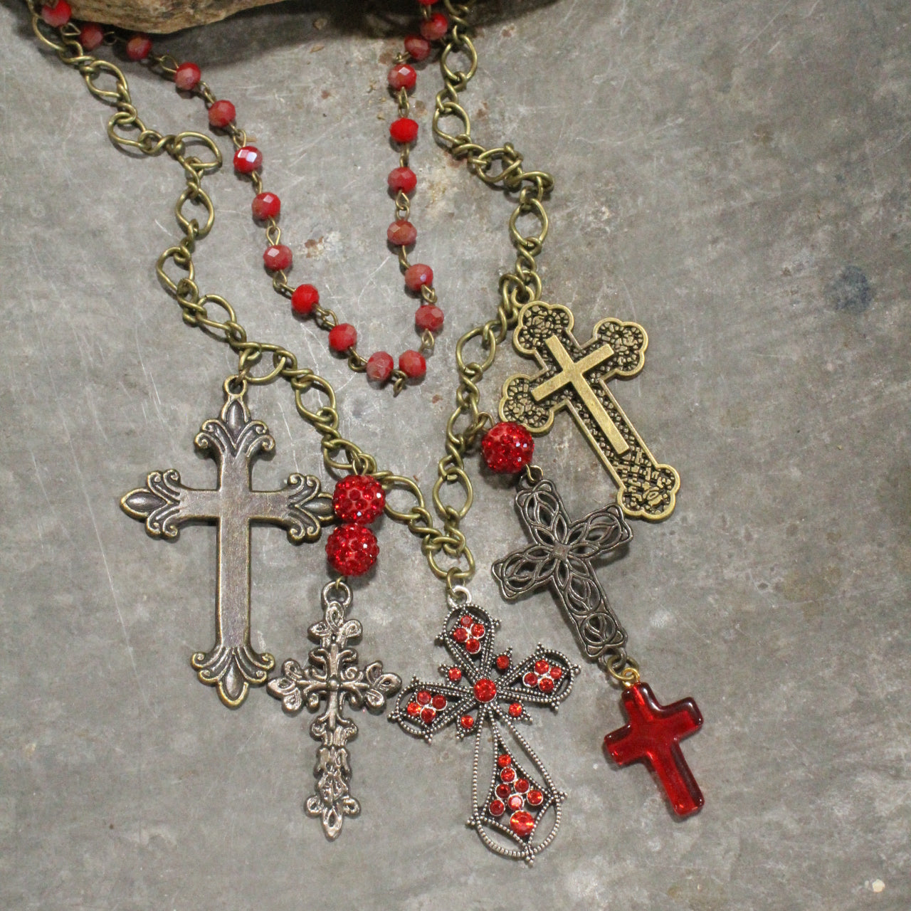 Forgiven Charm'd Red Stone Cross Necklace