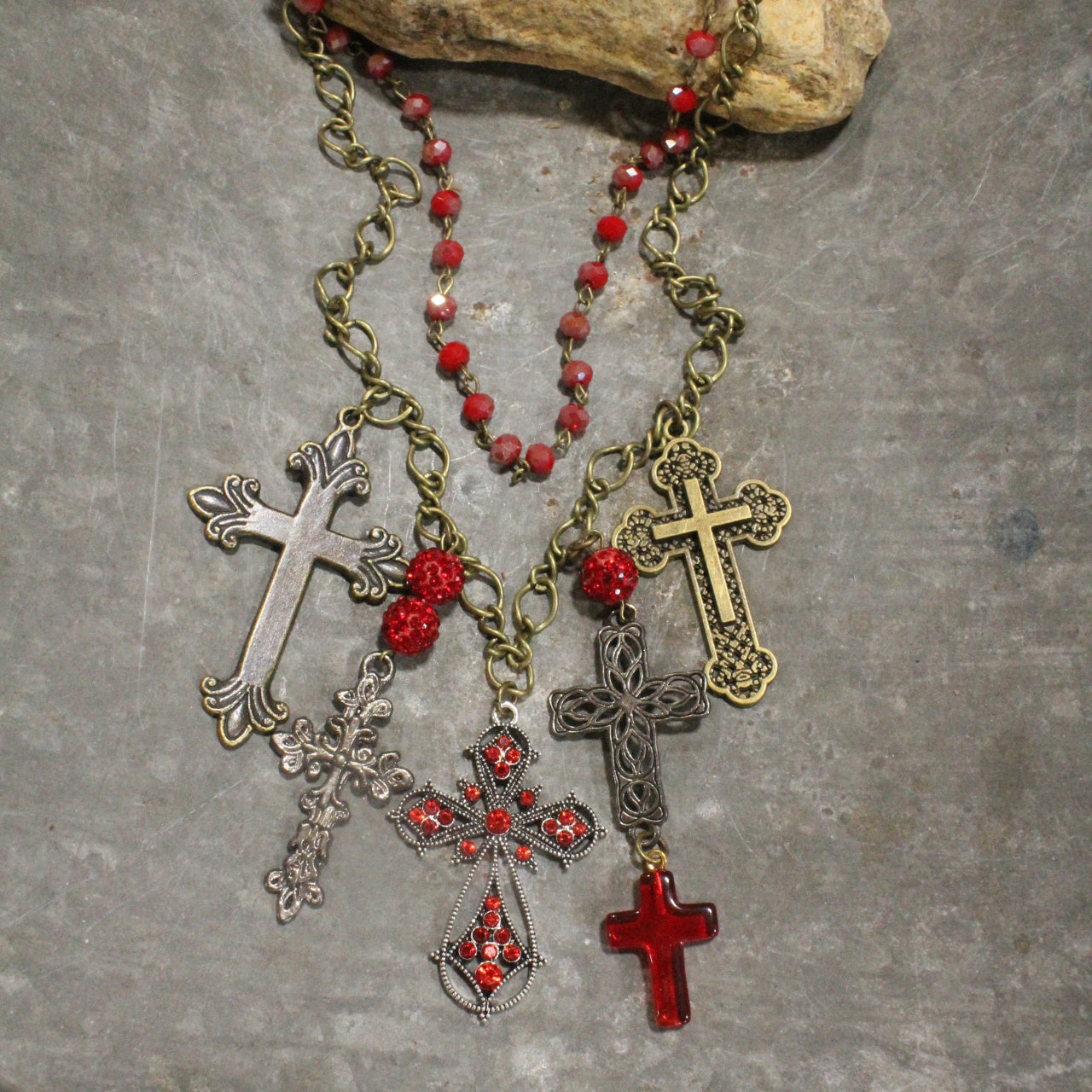 Forgiven Charm'd Red Stone Cross Necklace