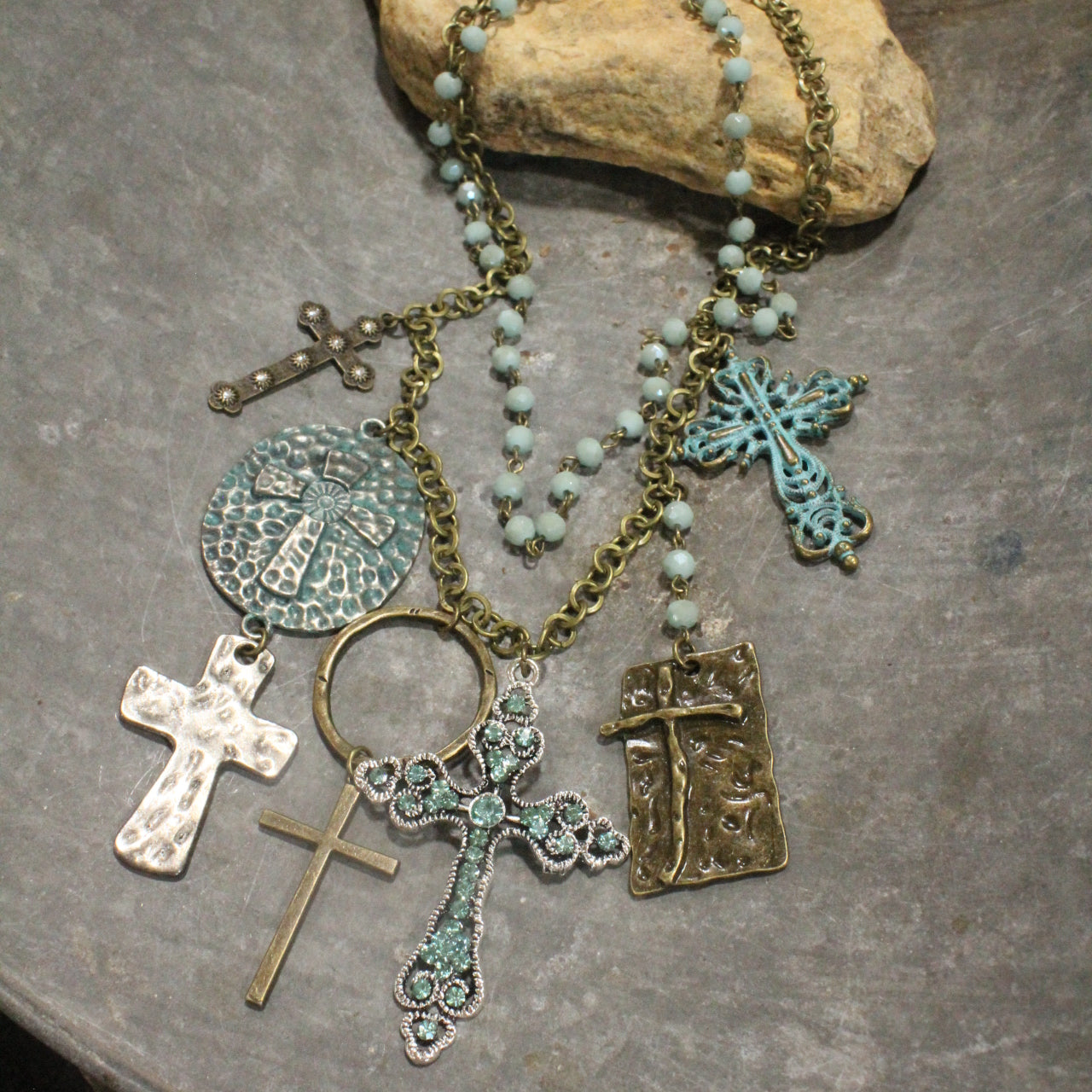 Forgiven Charm'd Mint Stone Cross Necklace