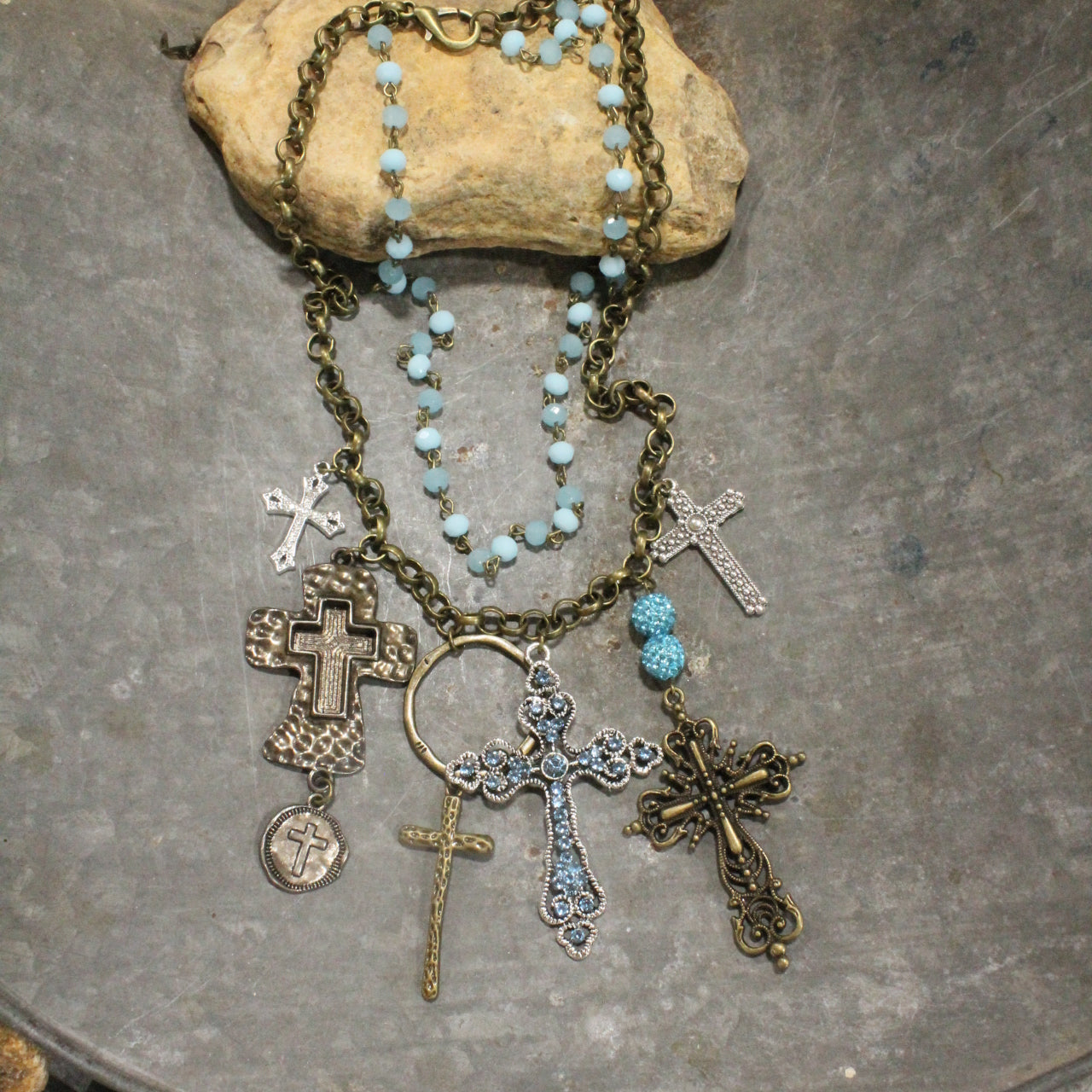 Forgiven Charm'd Blue Stone Cross Necklace