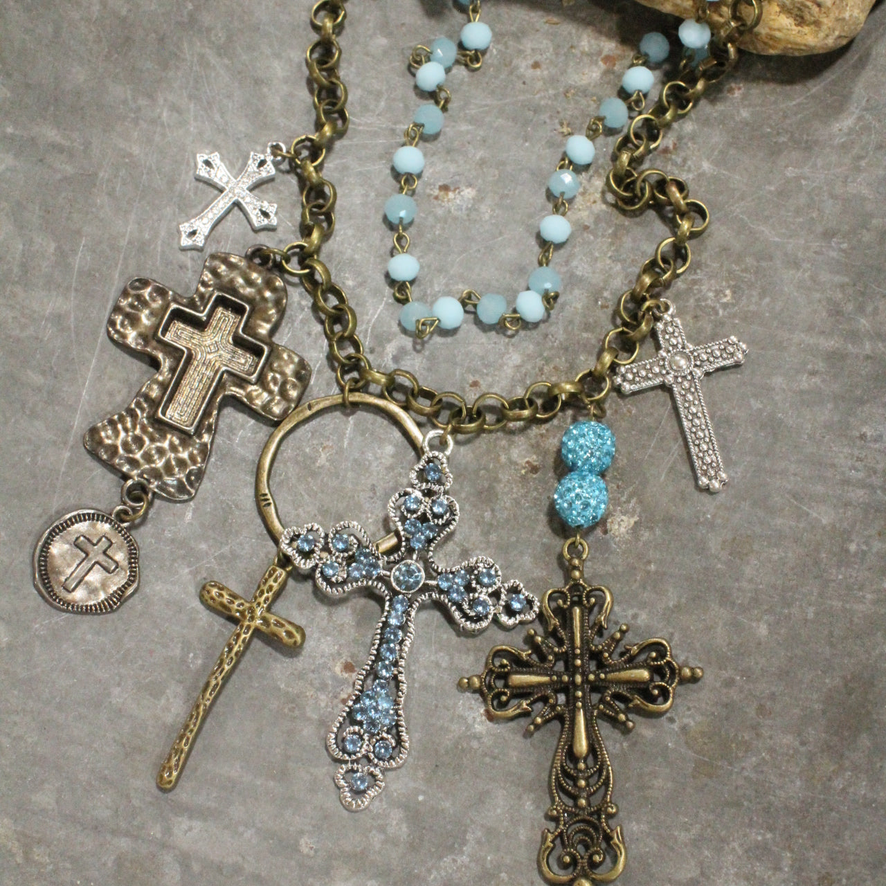 Forgiven Charm'd Blue Stone Cross Necklace