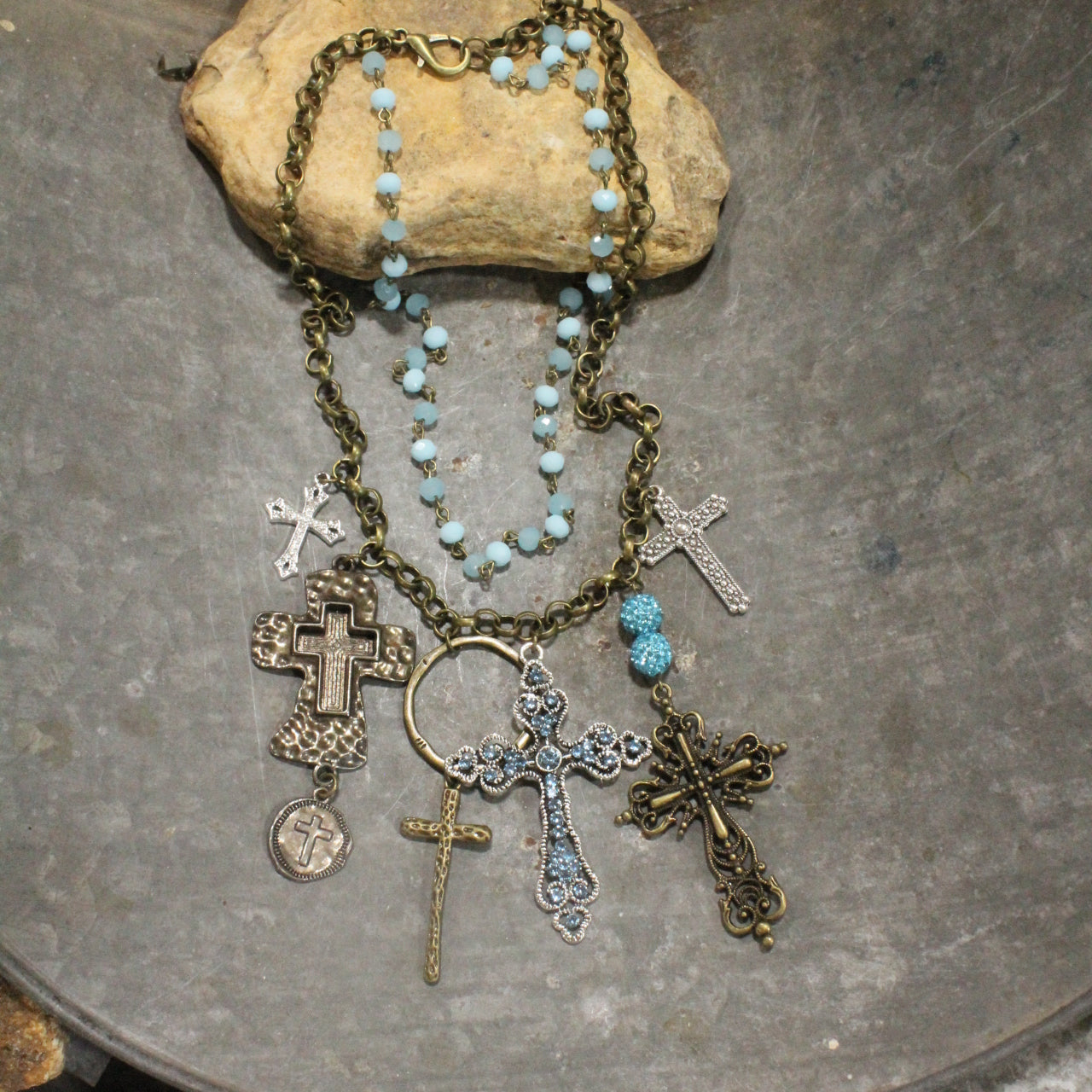 Forgiven Charm'd Blue Stone Cross Necklace