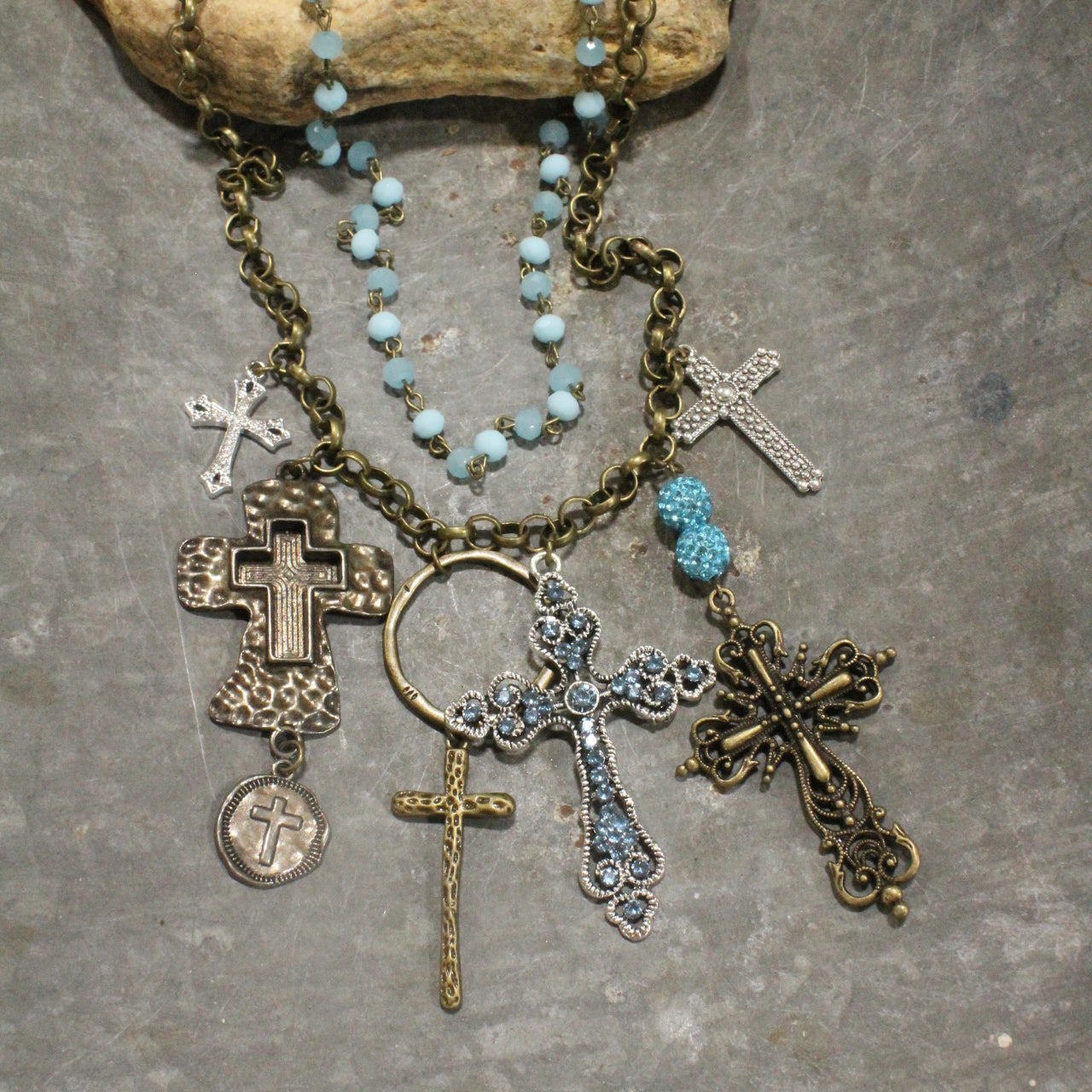 Forgiven Charm'd Blue Stone Cross Necklace