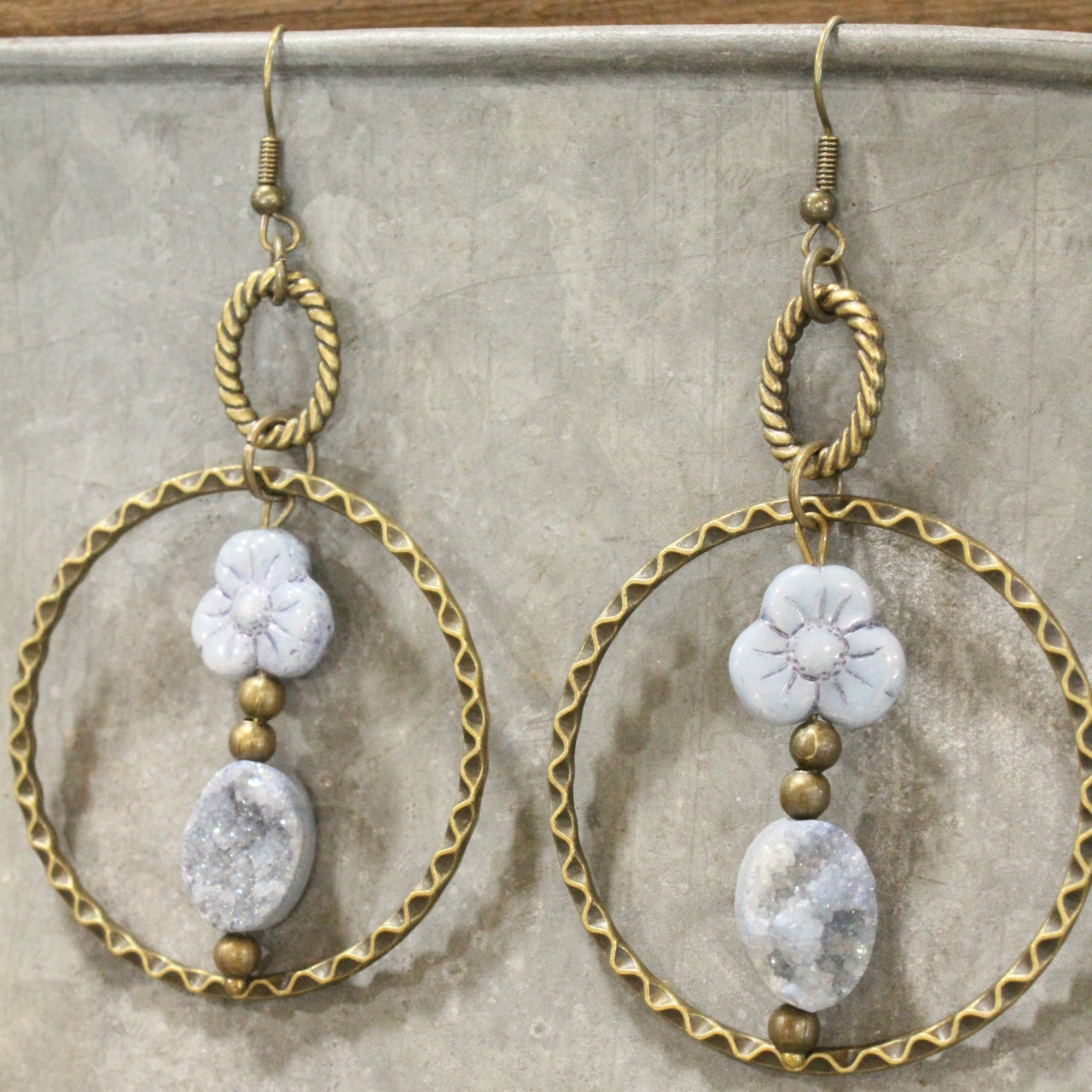 In Druzy Fashion Denim Floral Czech Dangle Earrings