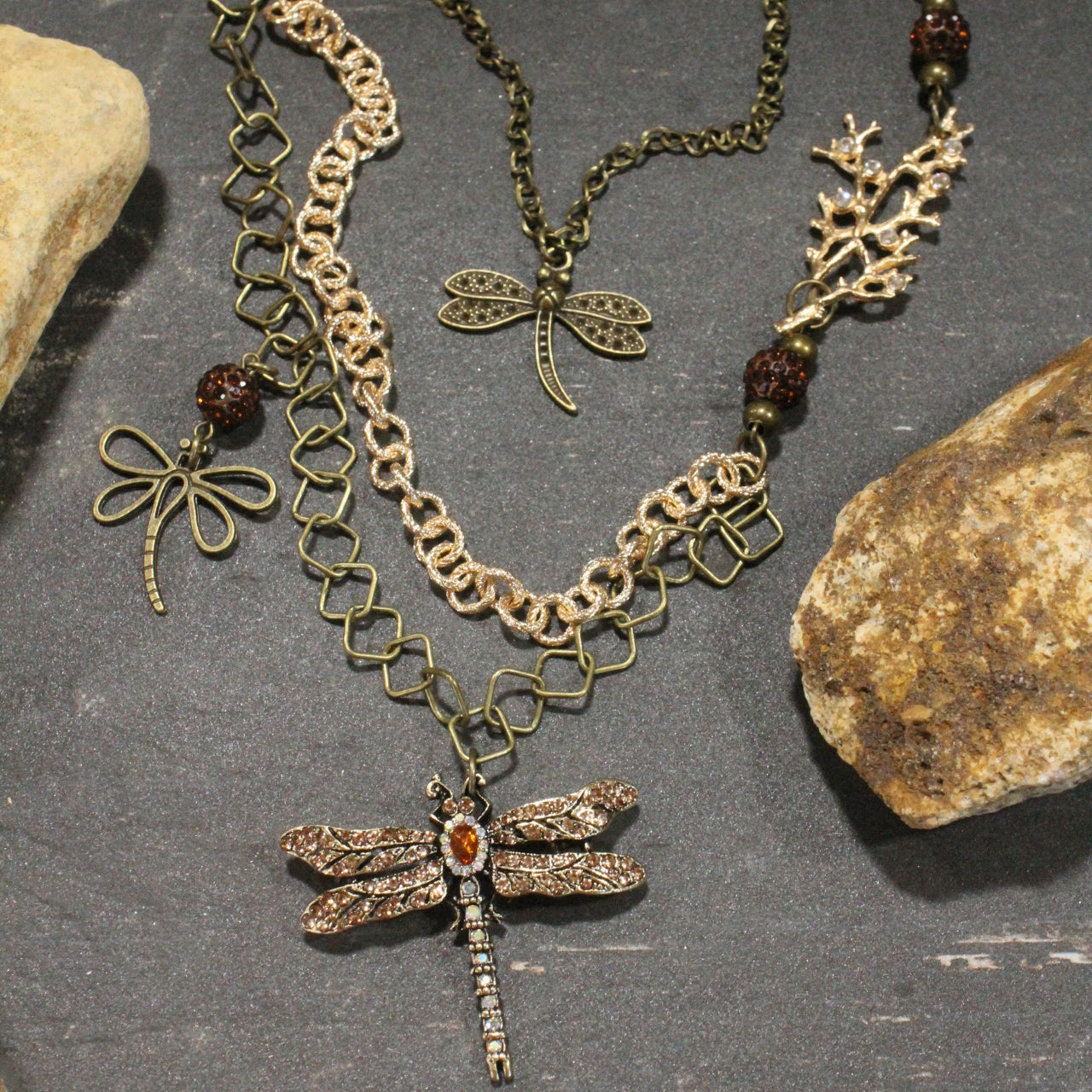 Golden Rod Dragonfly In Flight Layered Necklace