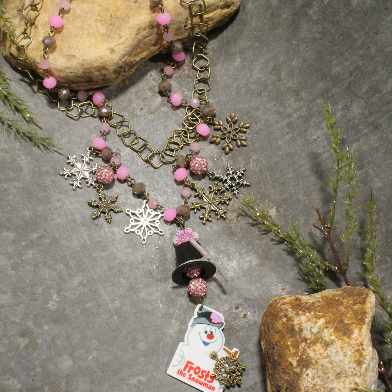 Frosty & His Snowflakes Layered Pink Necklace