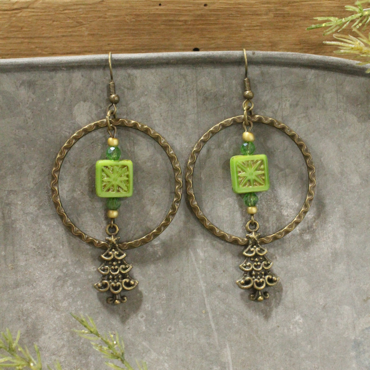 Evergreen Tree Czech Dangle Earrings