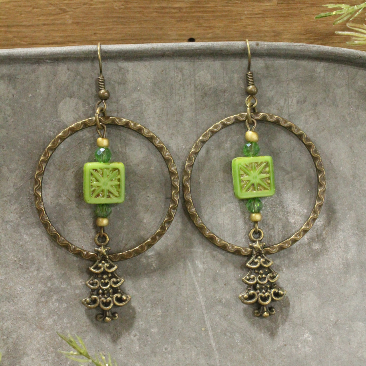 Evergreen Tree Czech Dangle Earrings