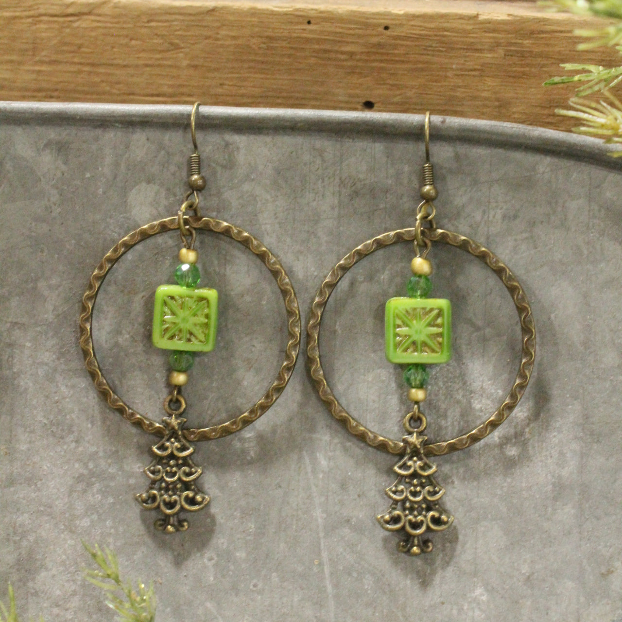 Evergreen Tree Czech Dangle Earrings