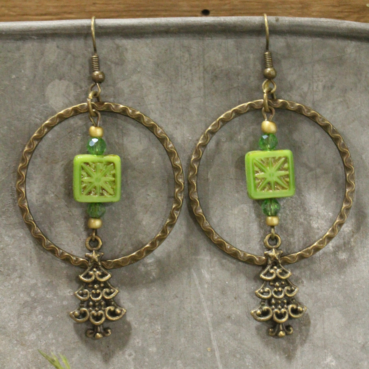 Evergreen Tree Czech Dangle Earrings