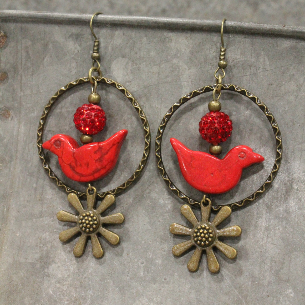 Bird Chirping Red Dangle Earrings