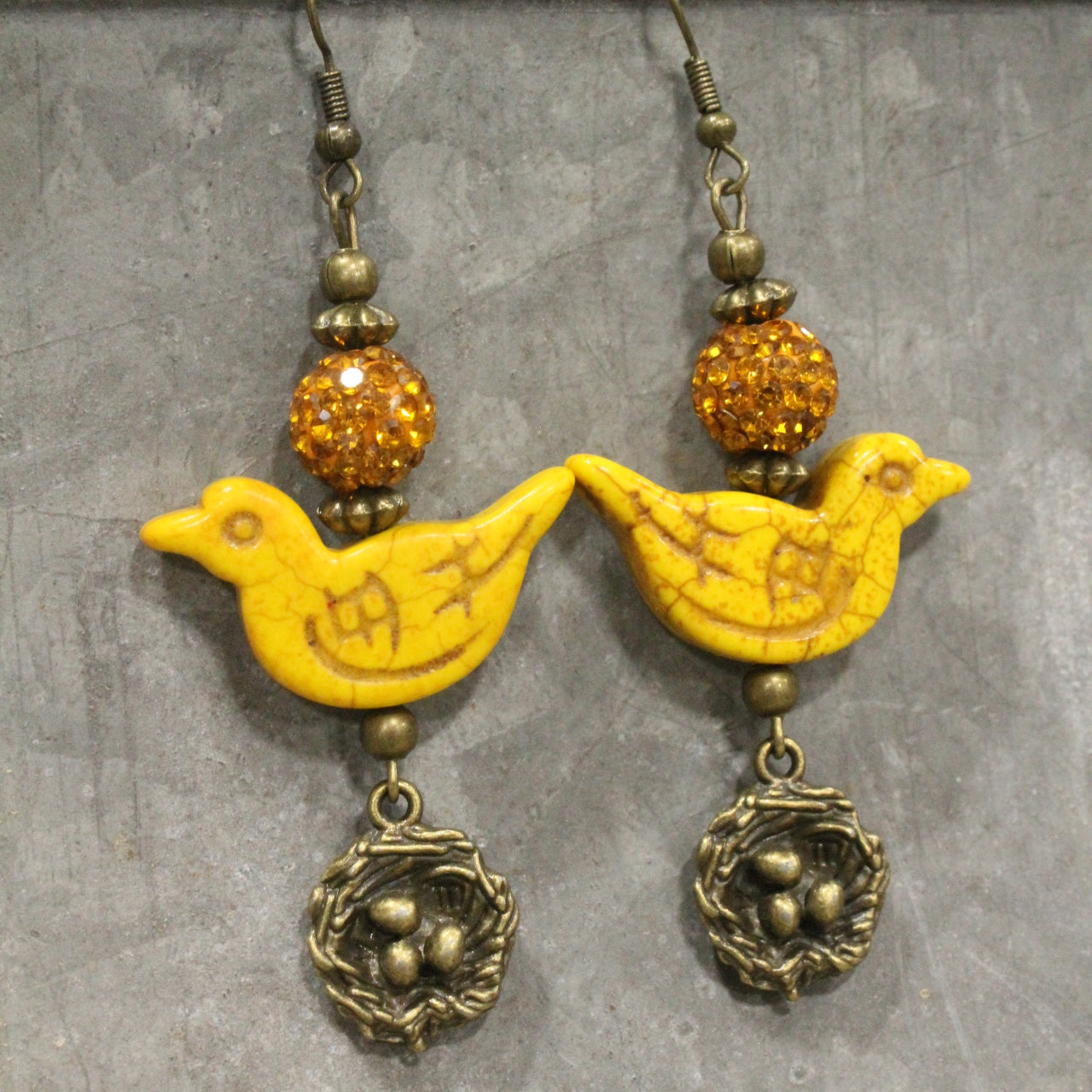 Bird Chirping Mustard Dangle Earrings