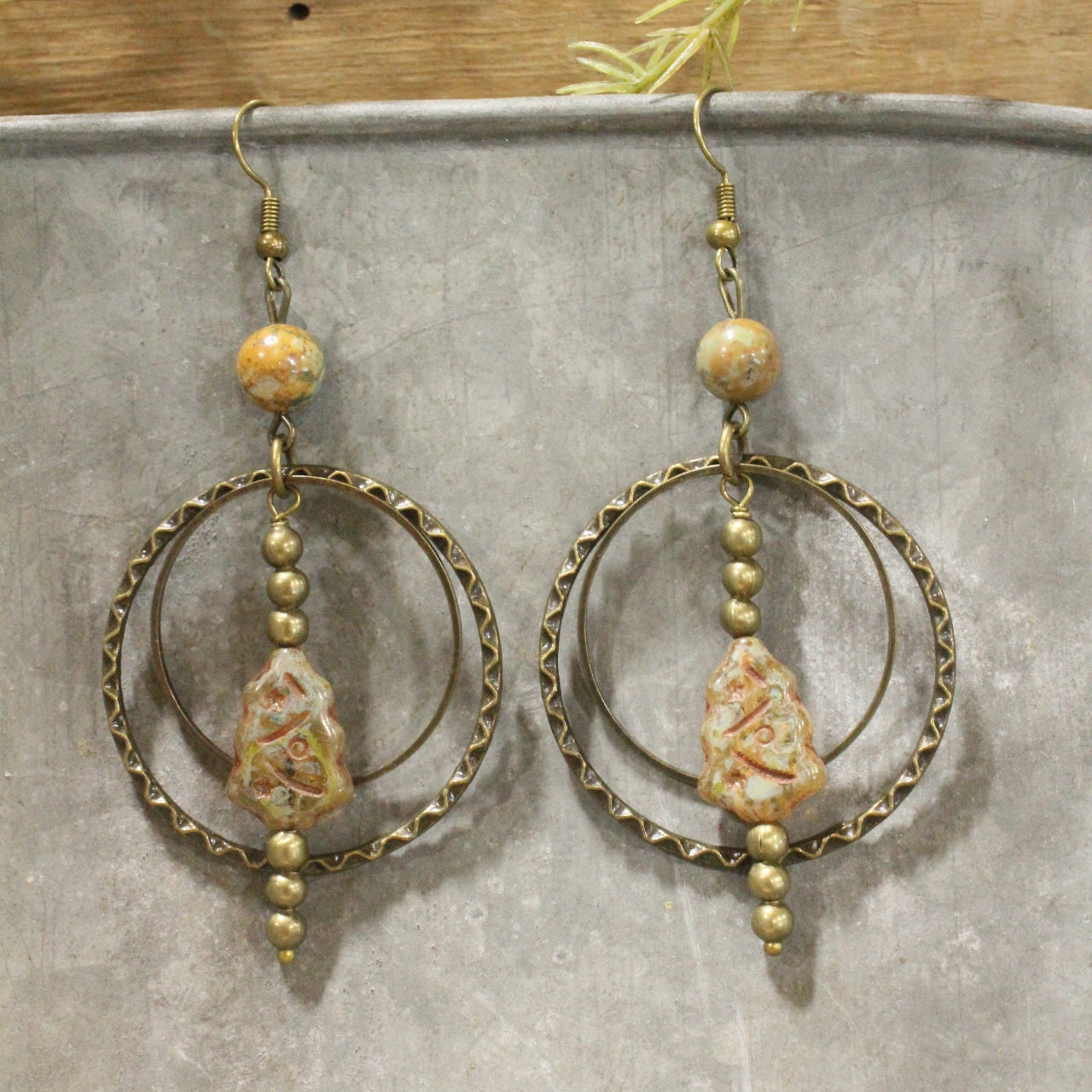 Evergreen Tree Czech Dangle Hoop Earrings