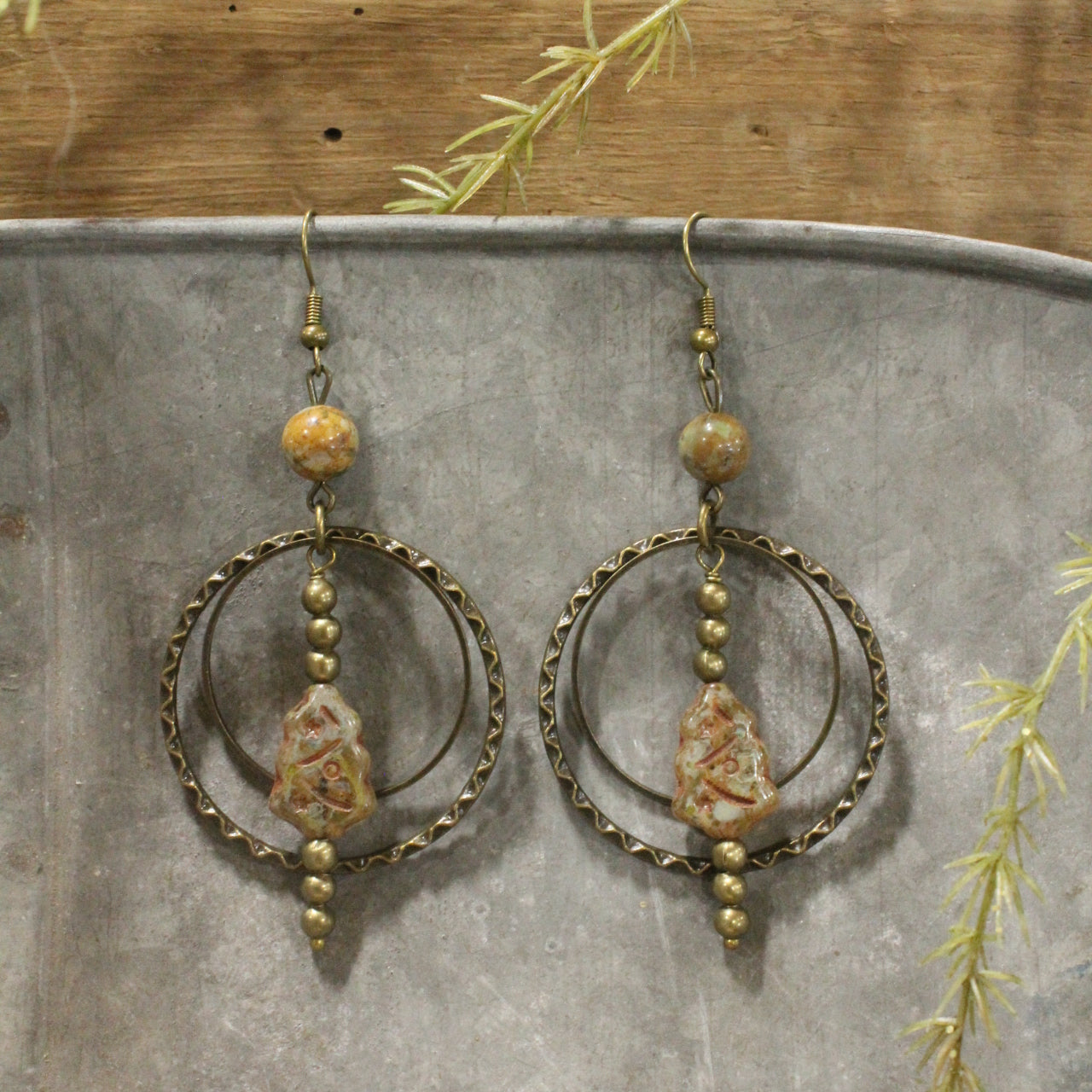 Evergreen Tree Czech Dangle Hoop Earrings