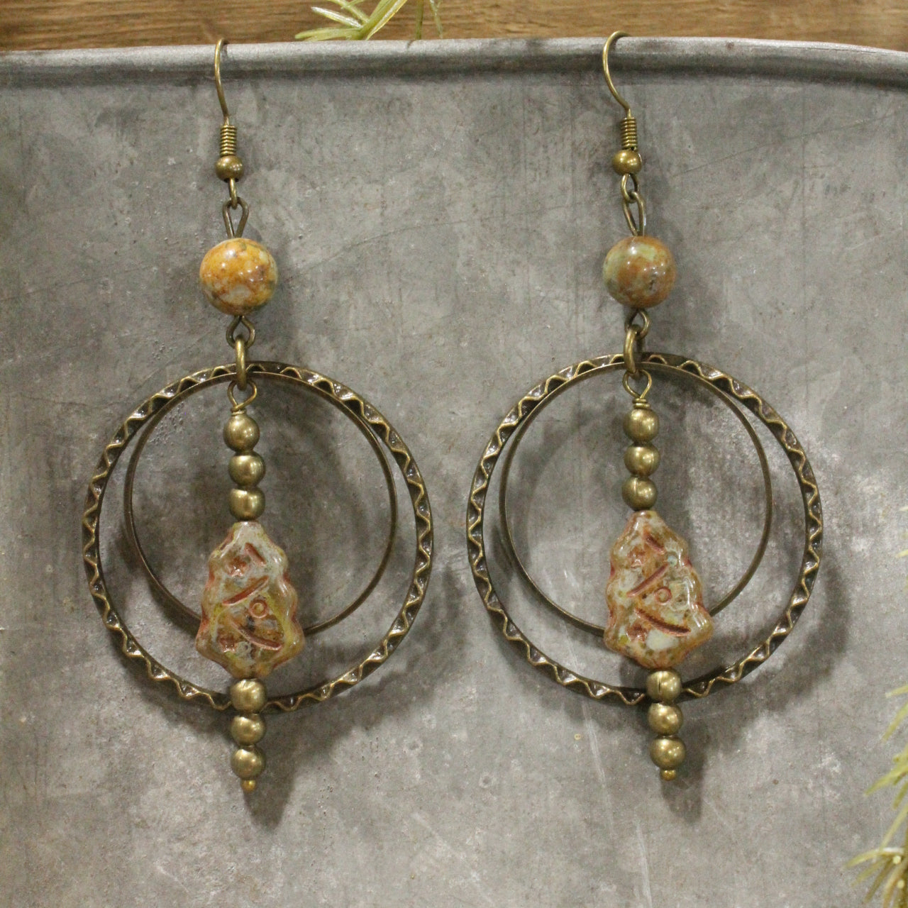 Evergreen Tree Czech Dangle Hoop Earrings