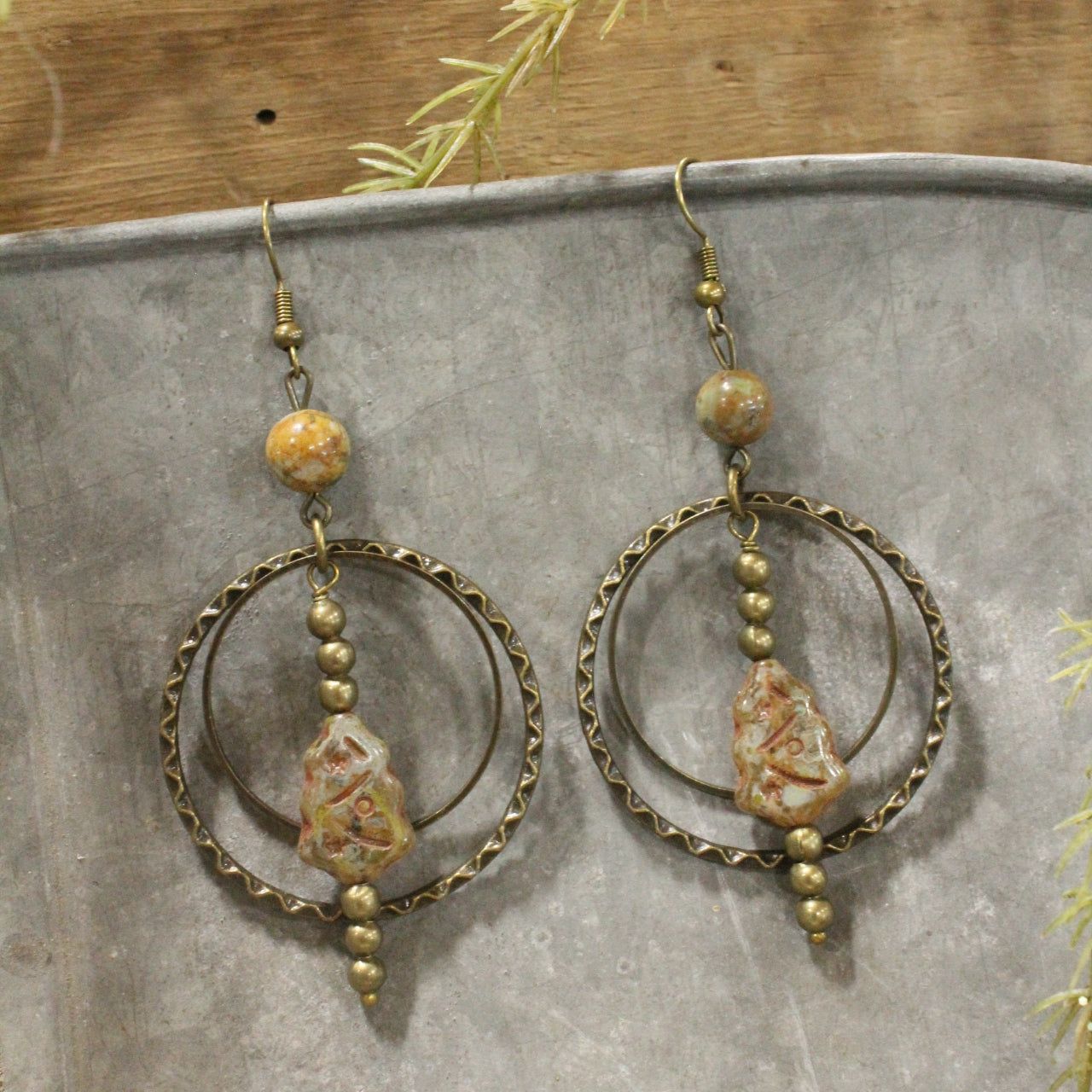 Evergreen Tree Czech Dangle Hoop Earrings