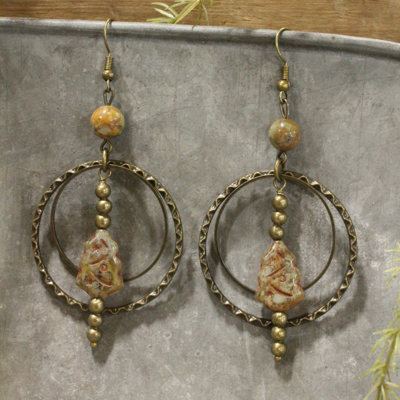 Evergreen Tree Czech Dangle Hoop Earrings