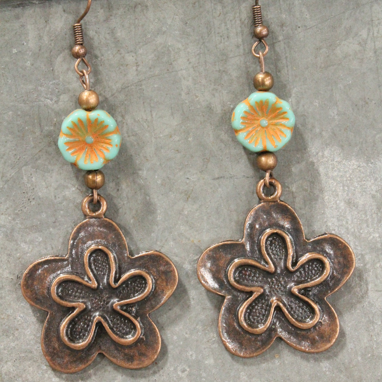 Copper Floral Czech Charm Dangle Earrings