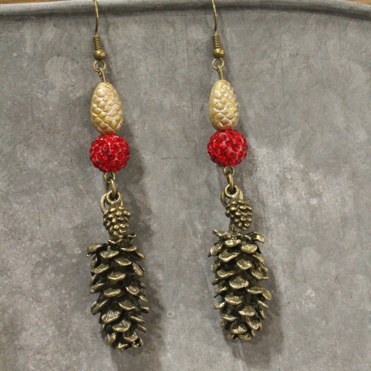 Love For Cardinals & PIne Cones Dangle Earrings