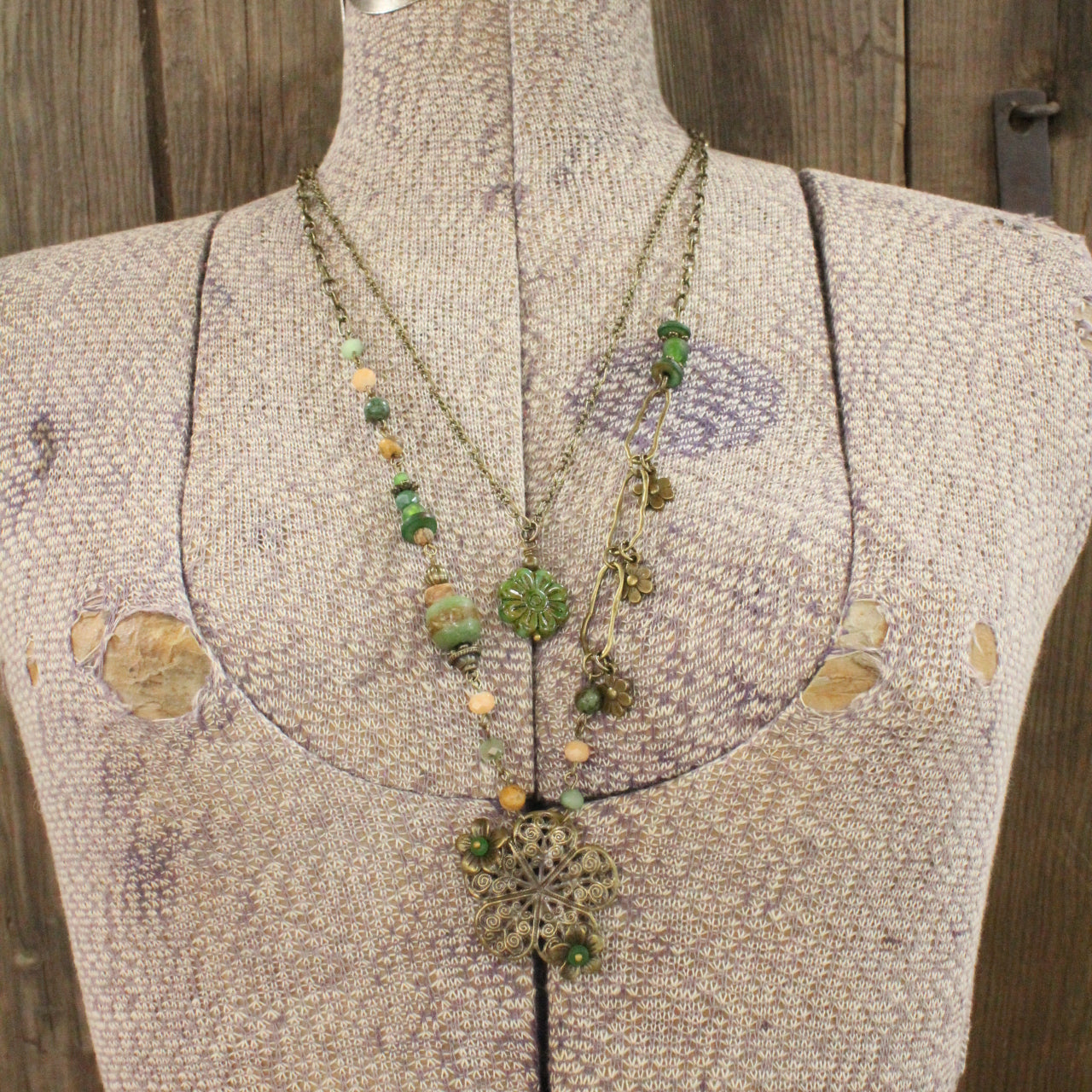 Green As Grass Czech Flower Layered Necklace