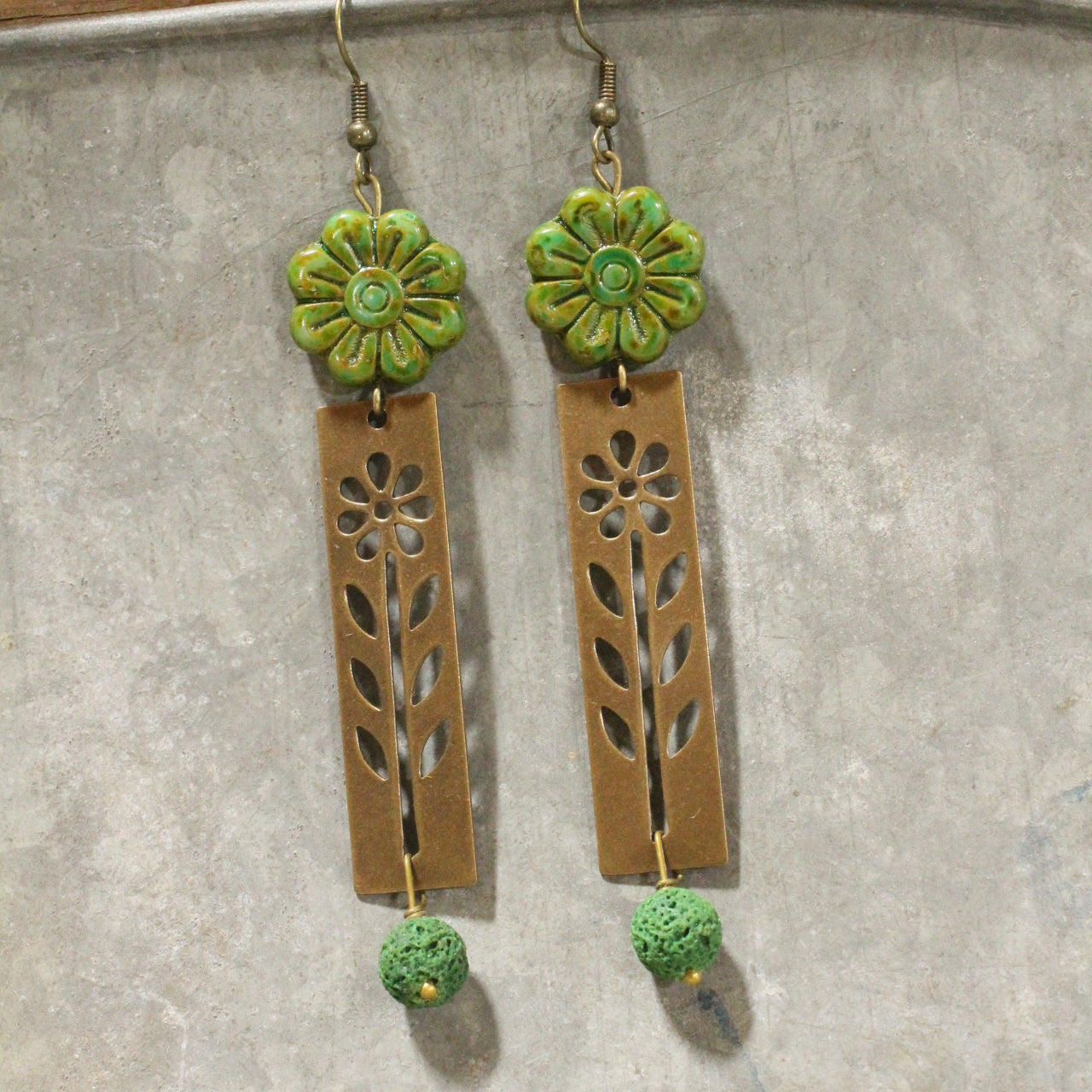 Green As Grass Czech Flower Dangle Drop Earrings