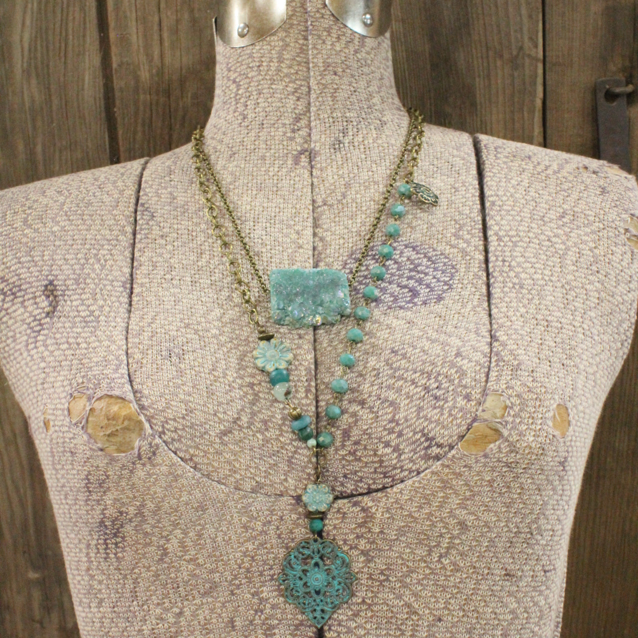 Dying Over Druzy Stone & Czech Flower Layered Necklace