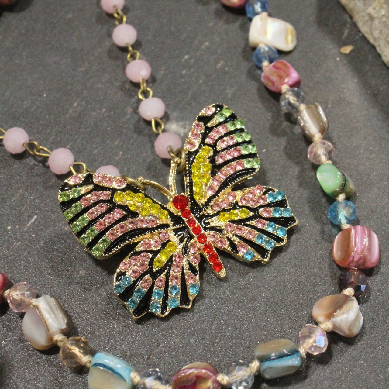 I Can Fly Multi-Color Pink Butterfly Layered Necklace