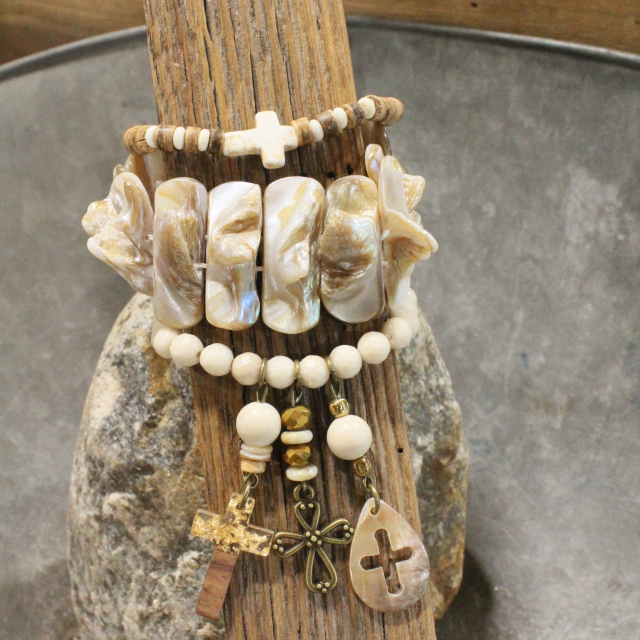 Shades Of Beige Cross Charm'd Bracelet Set