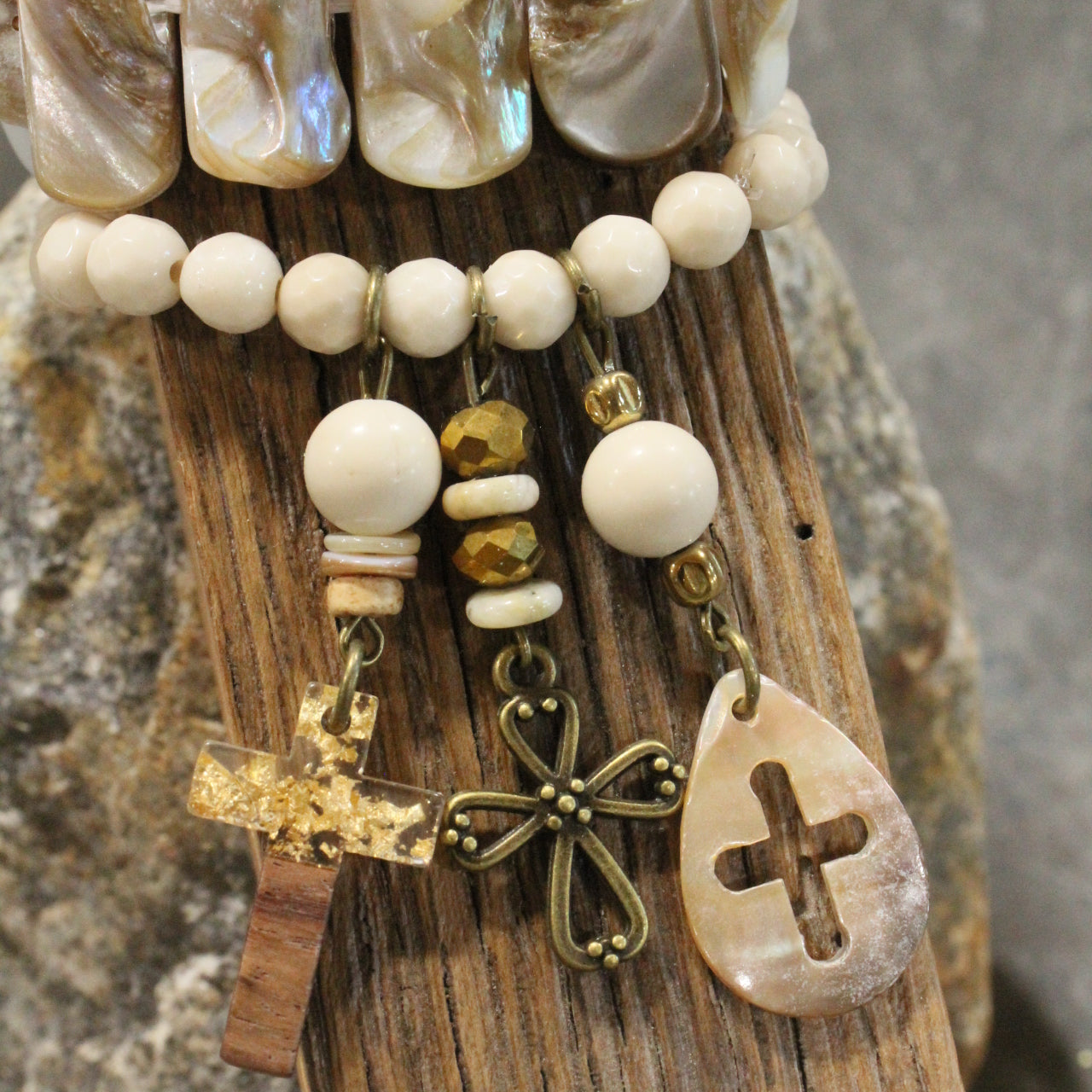 Shades Of Beige Cross Charm'd Bracelet Set