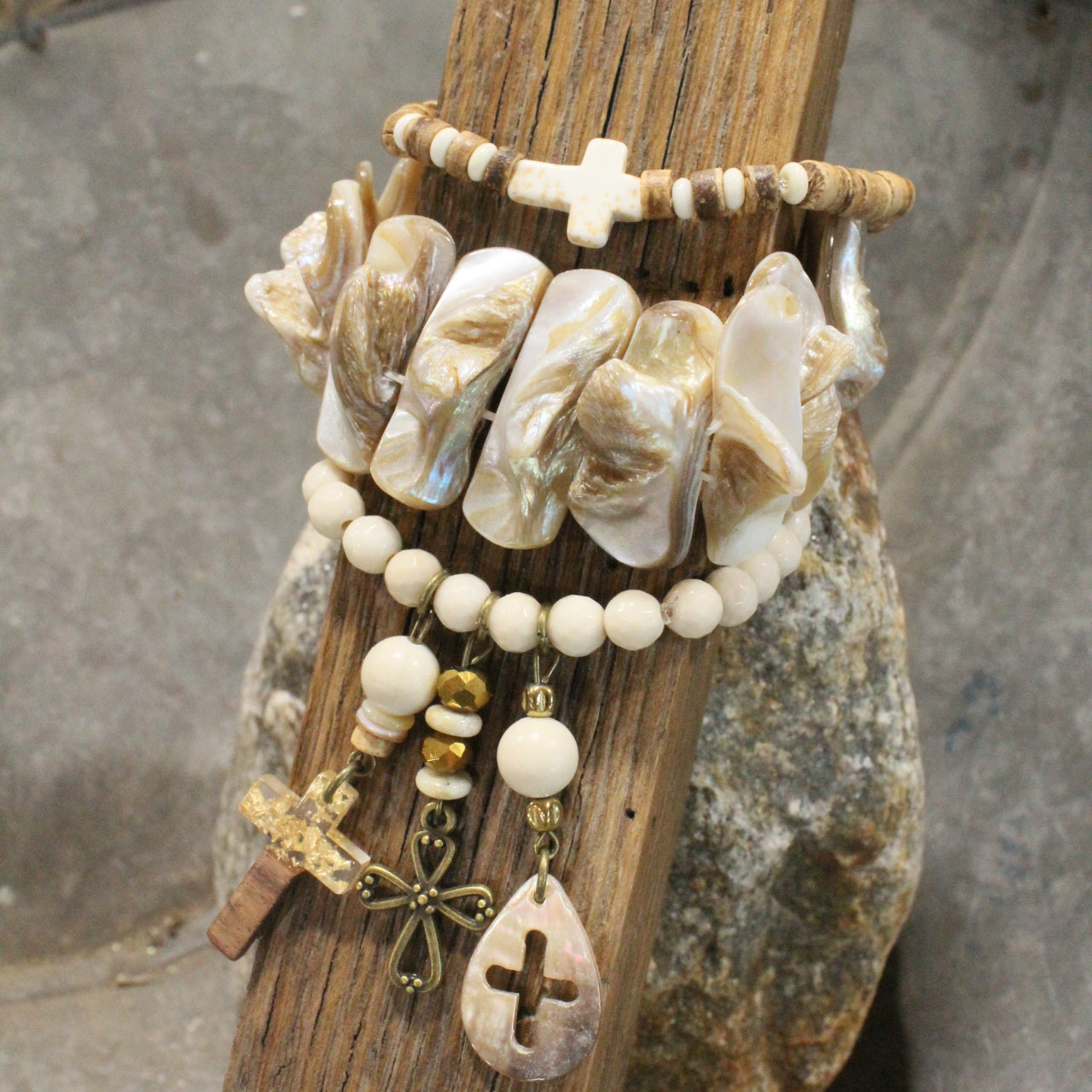 Shades Of Beige Cross Charm'd Bracelet Set