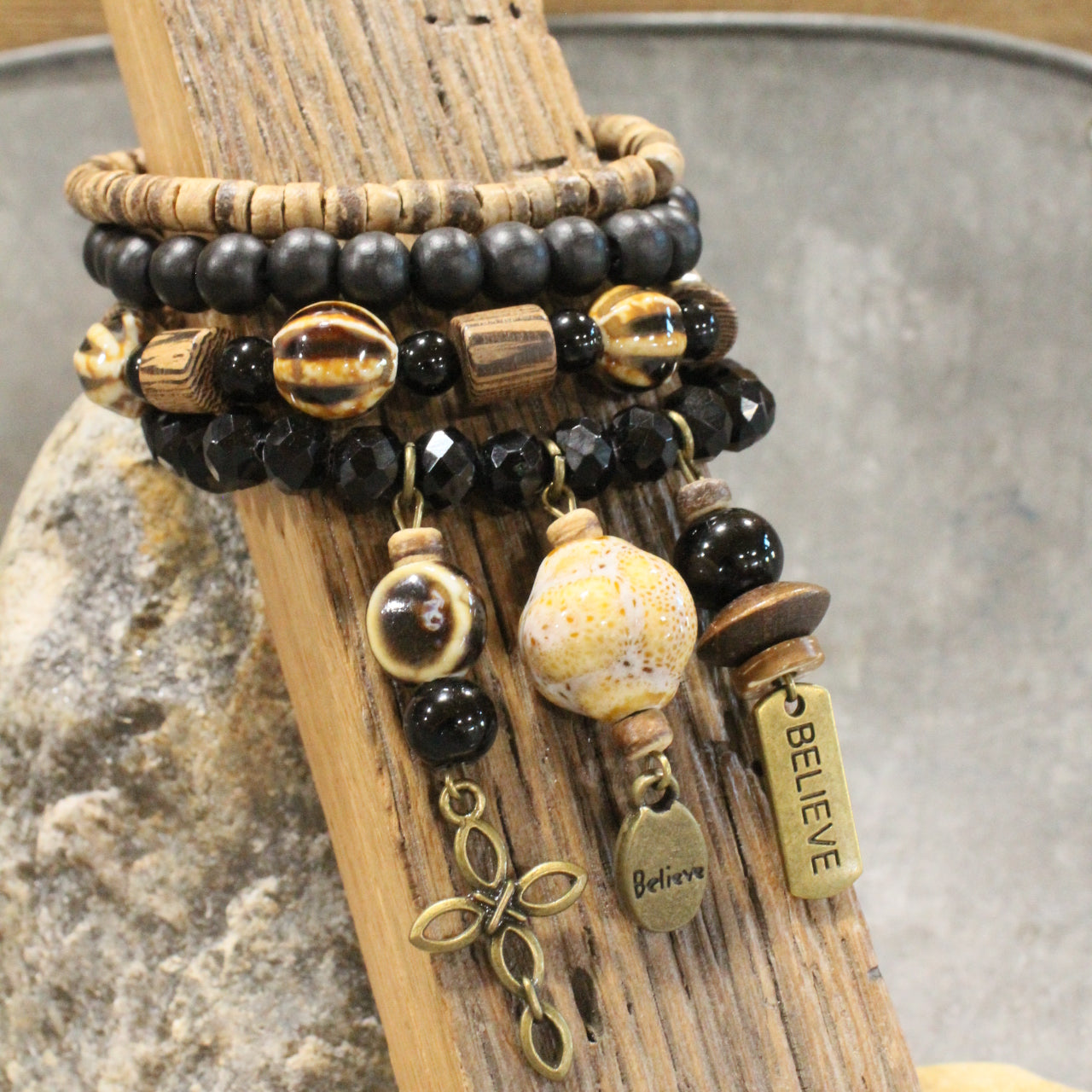 Shades Of Black Cross Charm'd Bracelet Set
