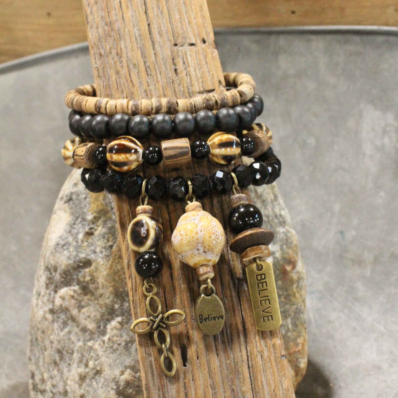 Shades Of Black Cross Charm'd Bracelet Set
